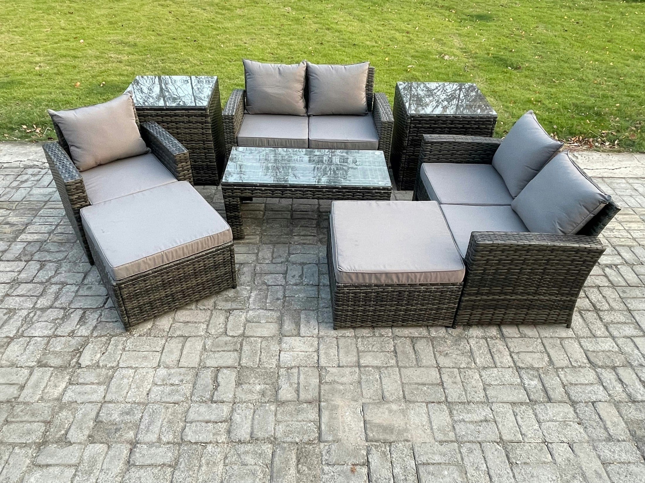 Rackhams Dark/Grey 7 Seater Outdoor Rattan Patio Furniture Set Garden Lounge Sofa Set With 2 Side Tables 2 Big Footstool Coffee Table Mixed