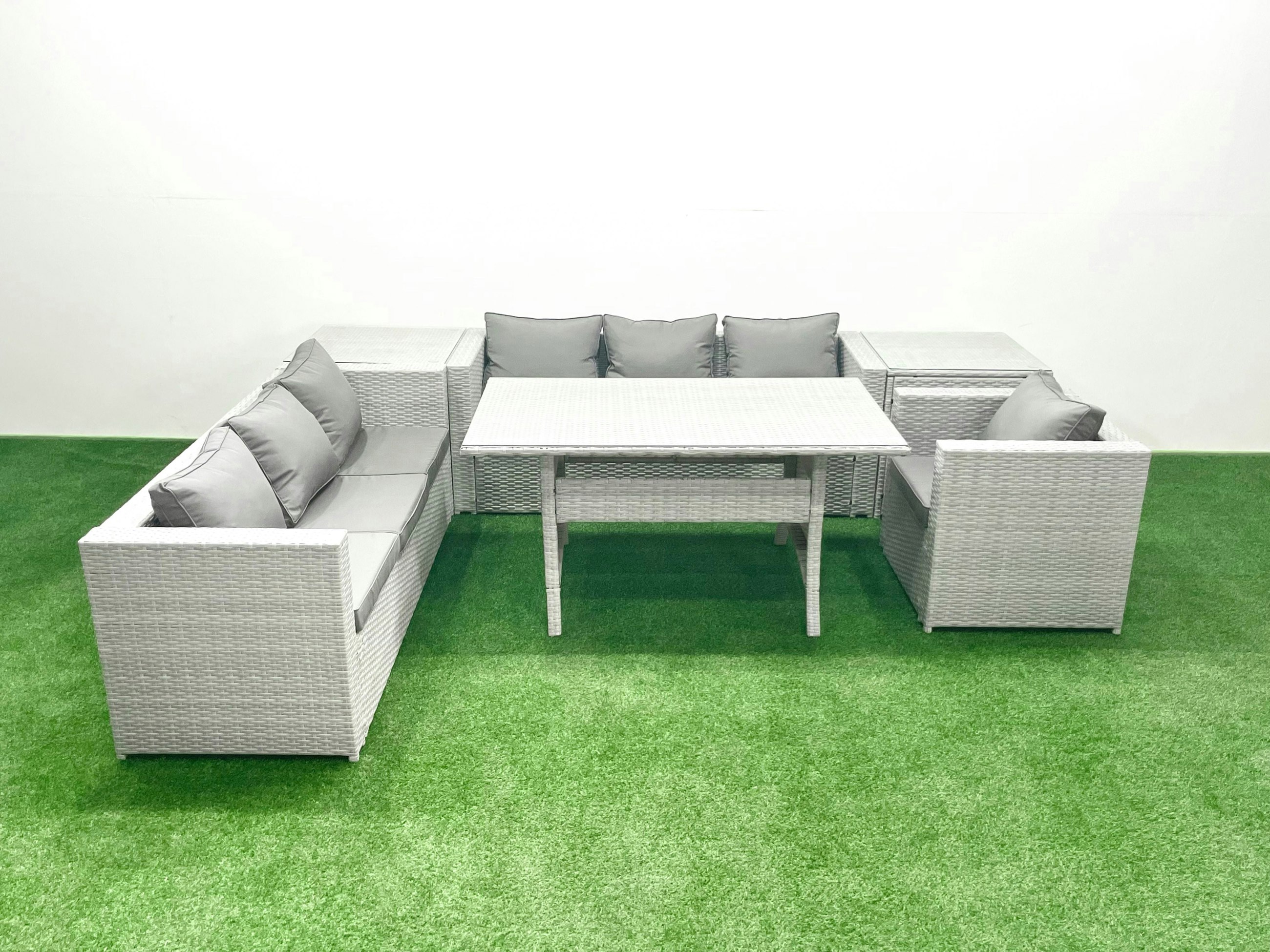 Rackhams Light/Grey/Dark 6 Pieces Outdoor Rattan Sofa Set With Cushions Patio Garden Furniture Sets With Armchair Dining Table 2 Side Tables
