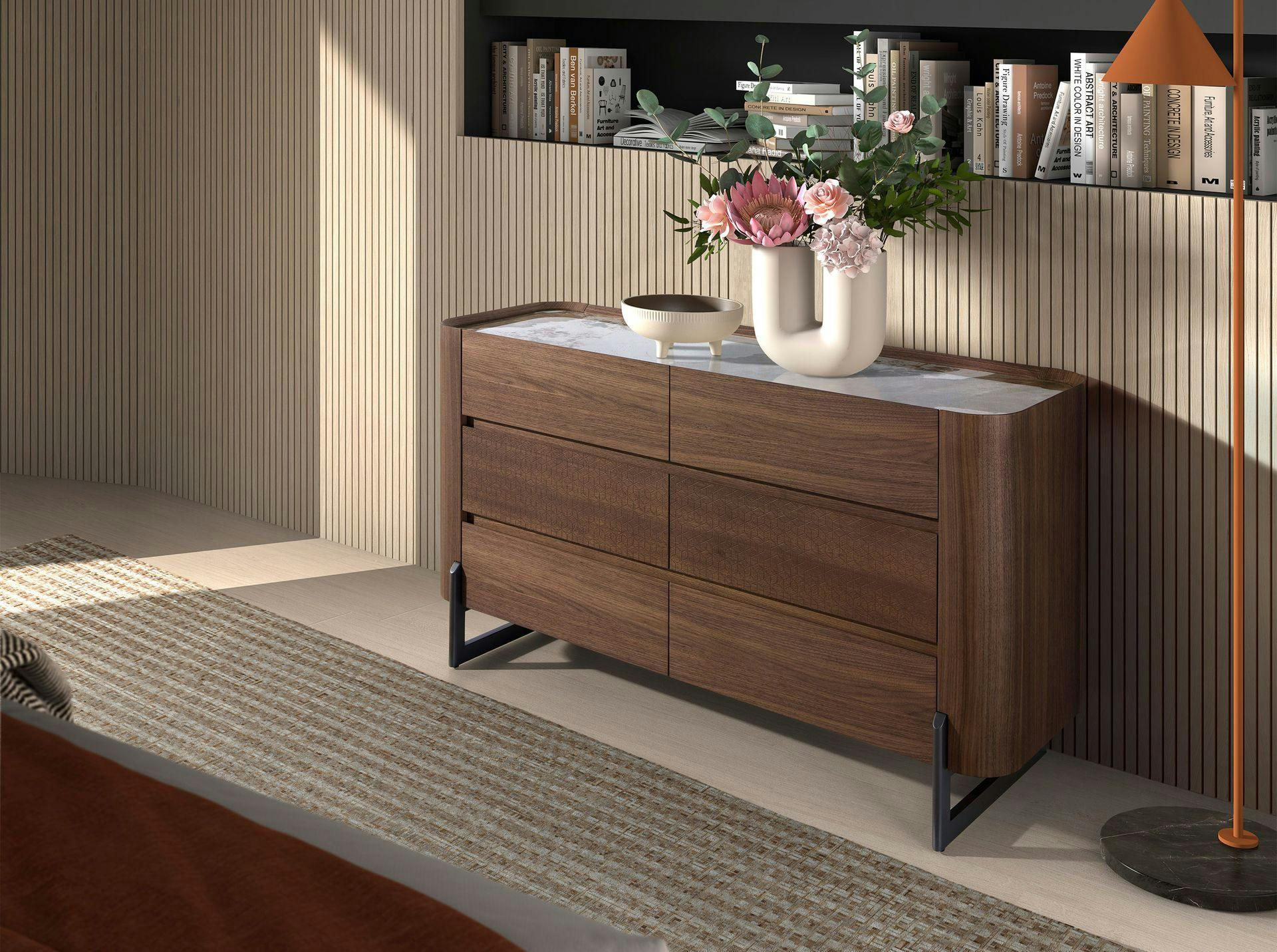 Rackhams Dark Chest Of Drawers Walnut And Metallic Steel With Porcelain Marble Top 7151