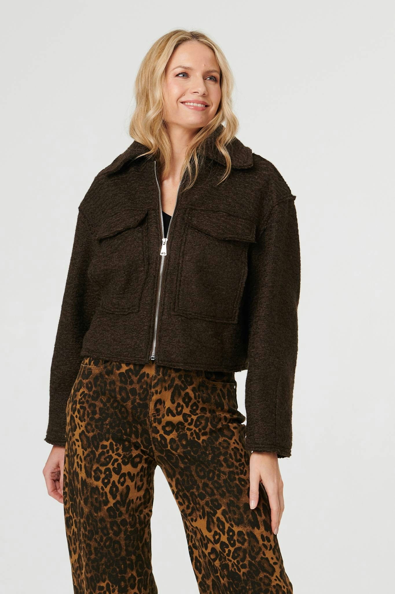Izabel London Brown Collared Pocket Front Cropped Jacket - L