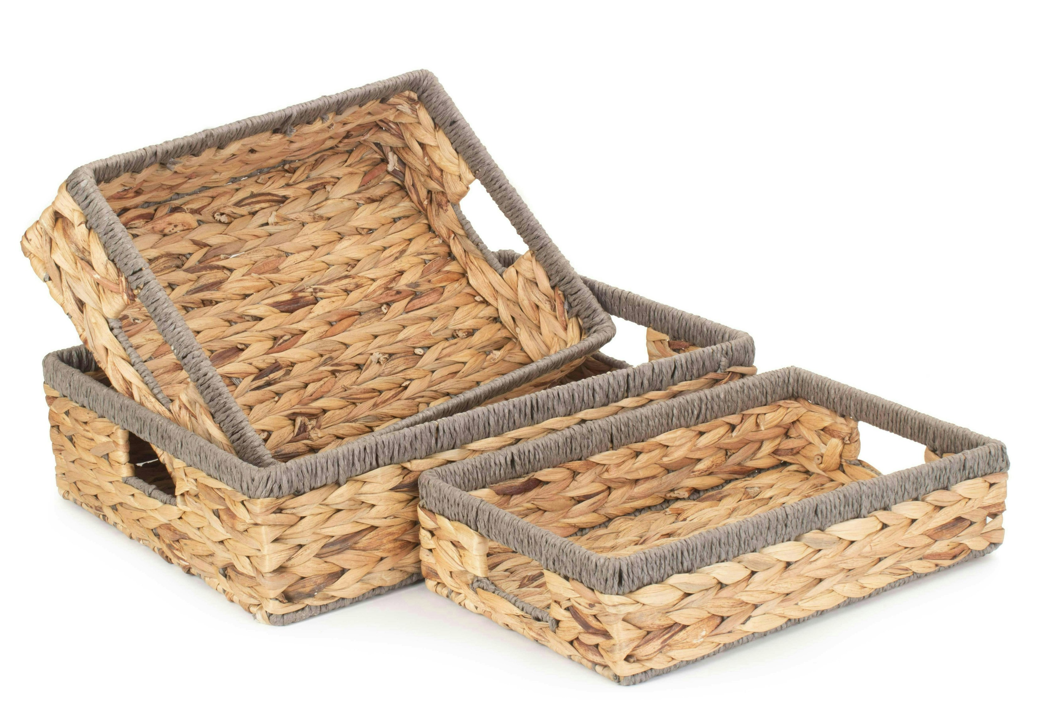 Rackhams Grey Rope Border Rectangular Water Hyacinth Tray - Set Of 3