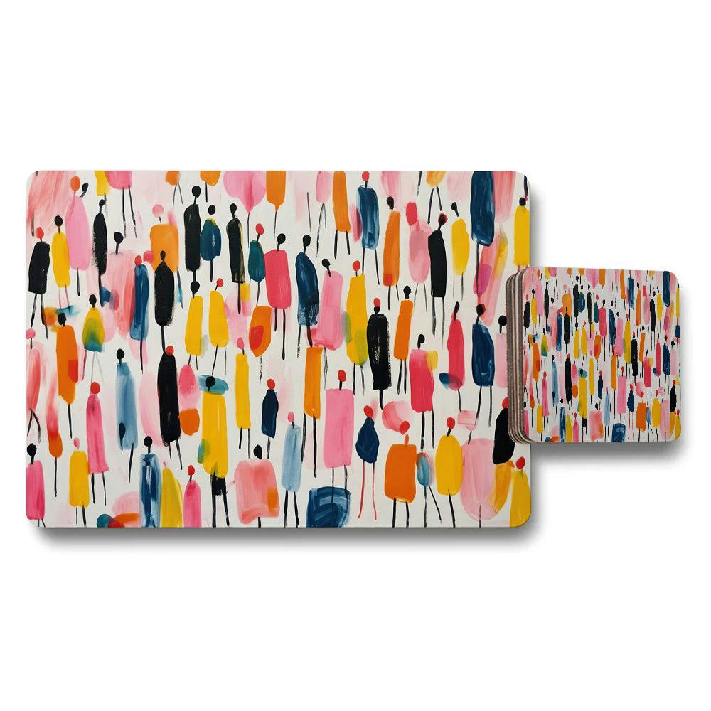 Benjamin Tate Design Pink/Yellow/Blue Abstract Colorful Figures Placemats And Coaster Set