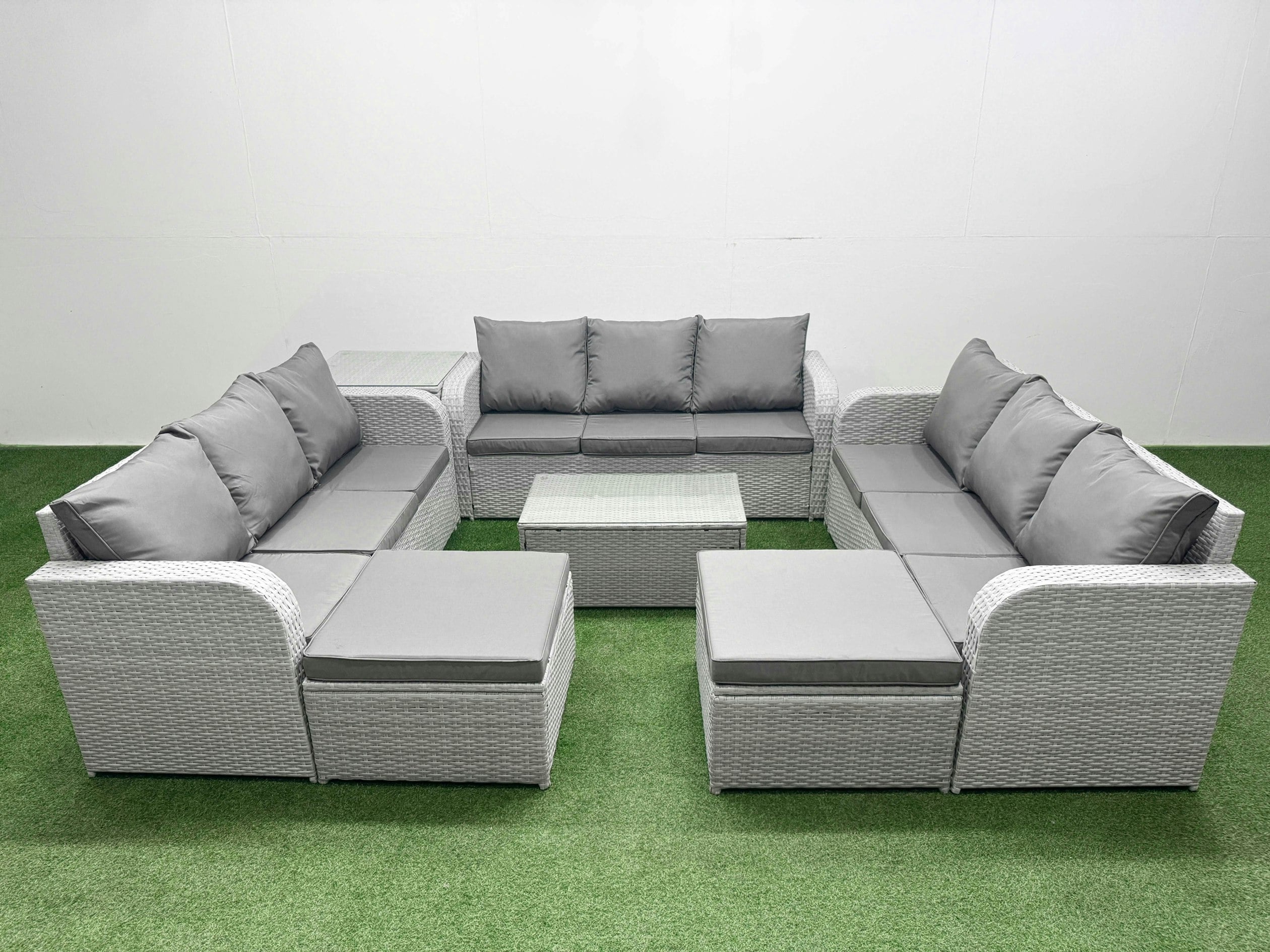 Fimous Light/Grey 11-Seater Pe Rattan Outdoor Lounge Set | Rectangular Coffee Table, 3-Seater Sofa, 2 Footstools, Side Table