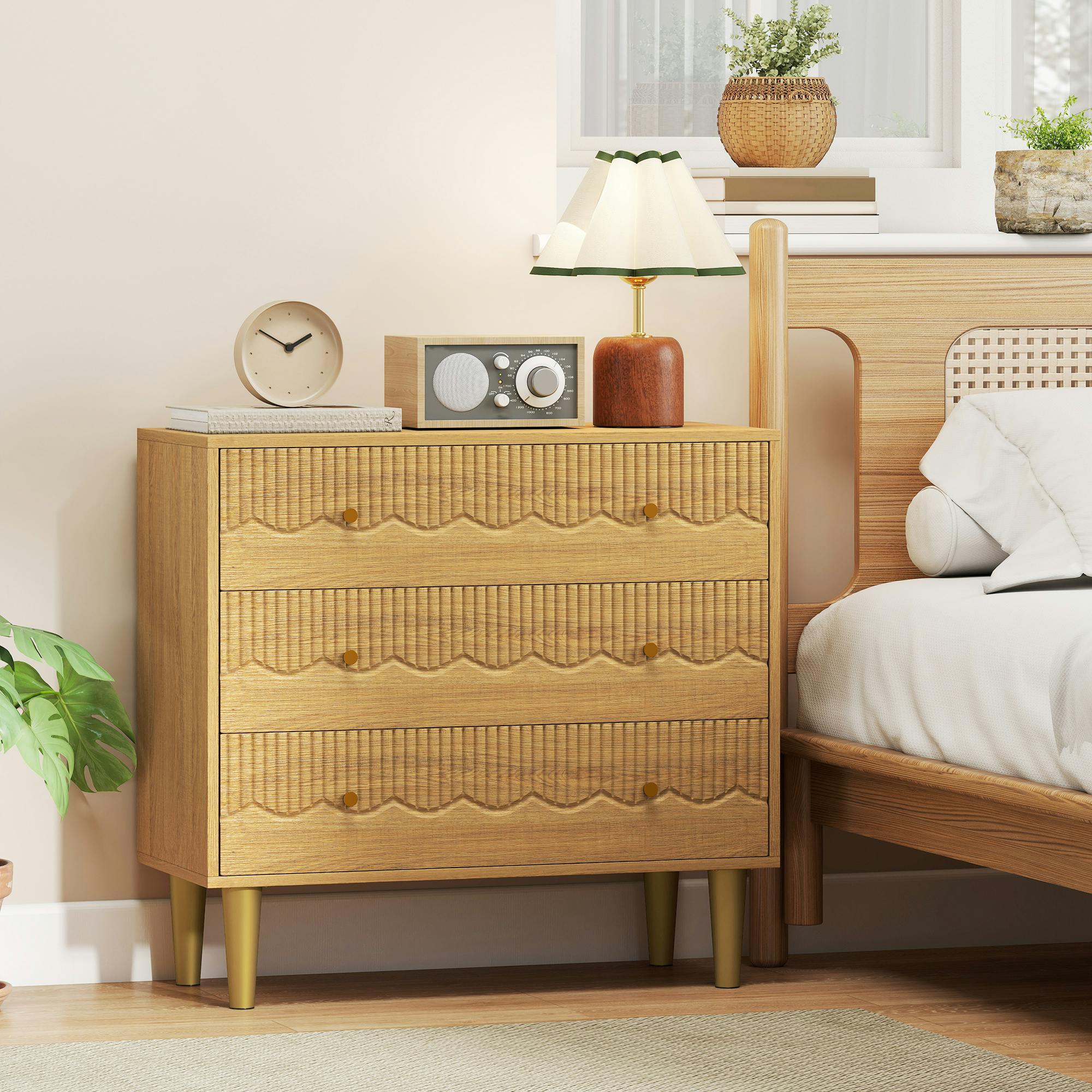 Rackhams Grain Chest Of Drawers, 3 Drawer Dresser Steel Legs And Wooden Top, Oak - Mdf, Steel, Pp - Oak - 3