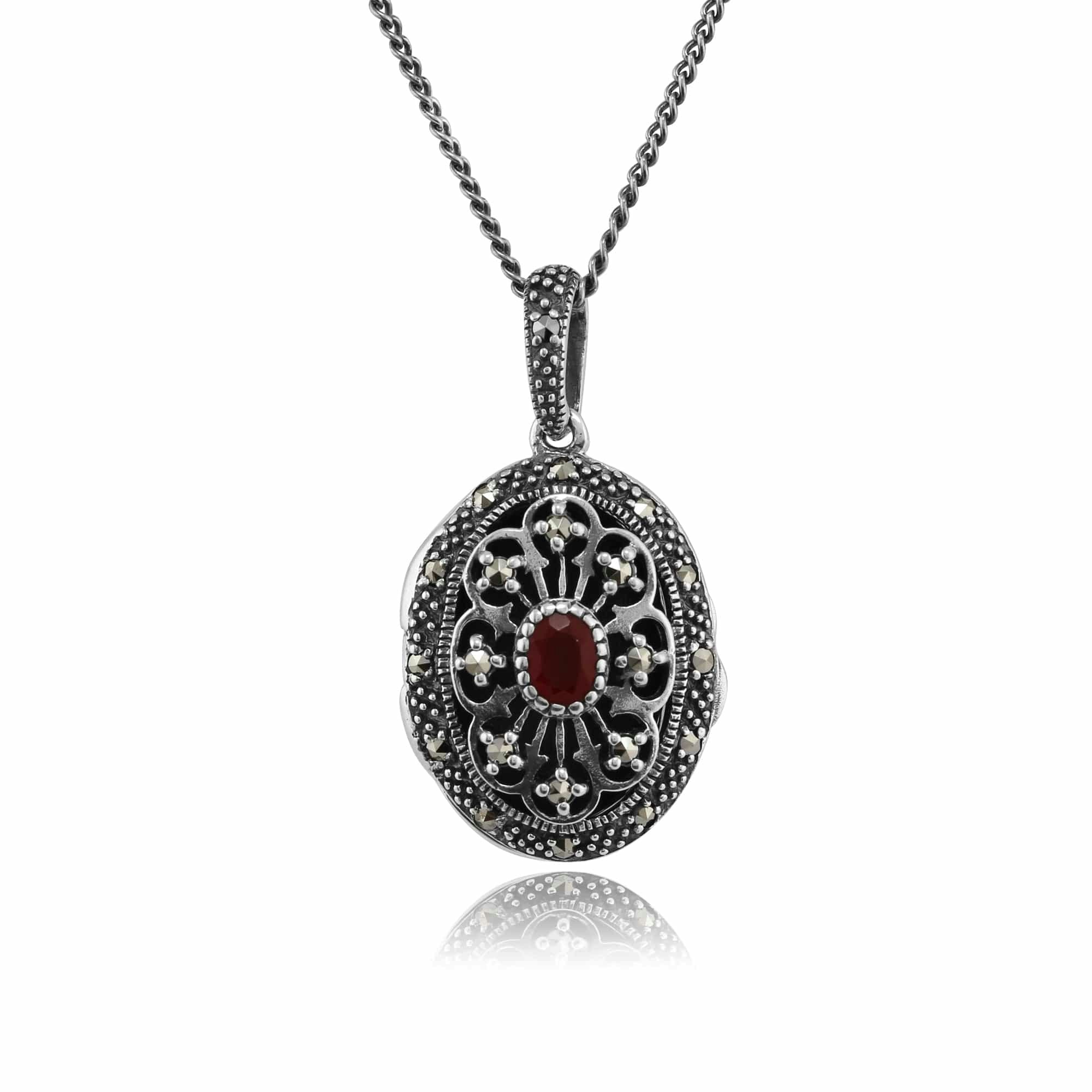 Gemondo Women's Silver Victorian Style Oval Cornelian & Marcasite Locket On Chain In Sterling - Sterling 0.1Ct Cornelian & Marcasite Victorian 45Cm Locket Necklace