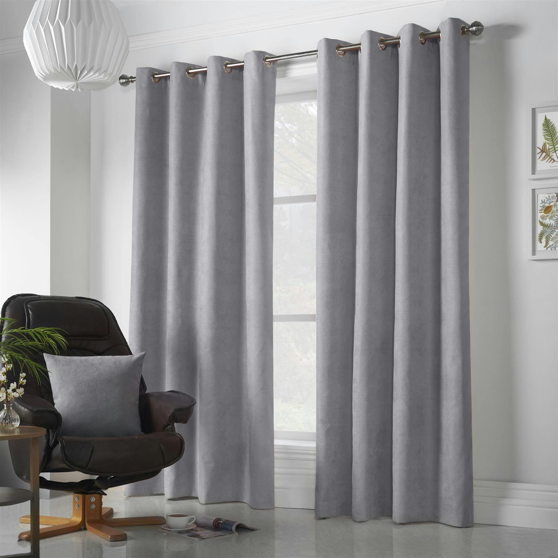 Rackhams Silver Velvet Chenille Ring Top Curtains - 142Cm Width X 229Cm Drop