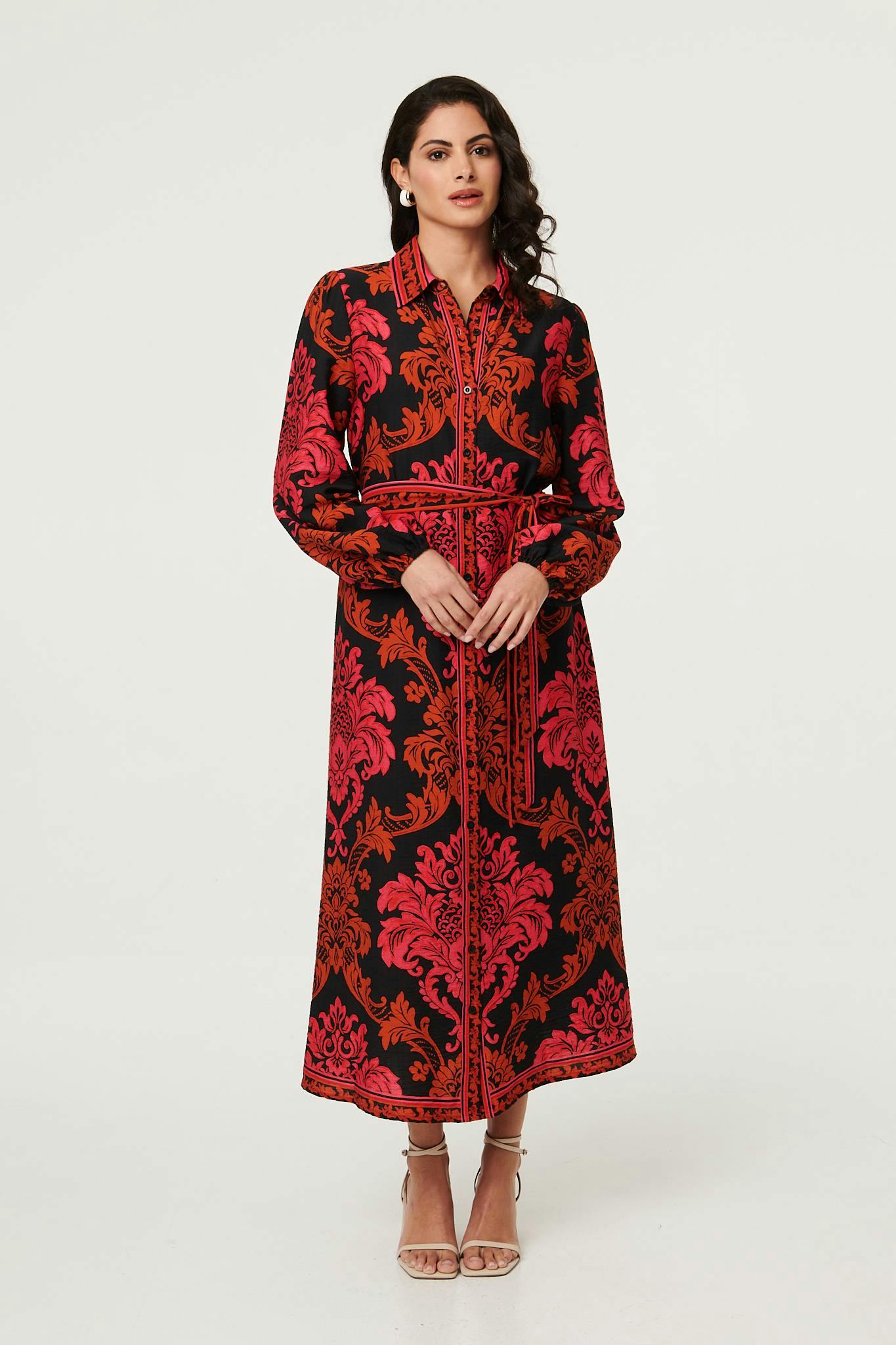 Izabel London Red Baroque Print Long Sleeve Maxi Dress - 10