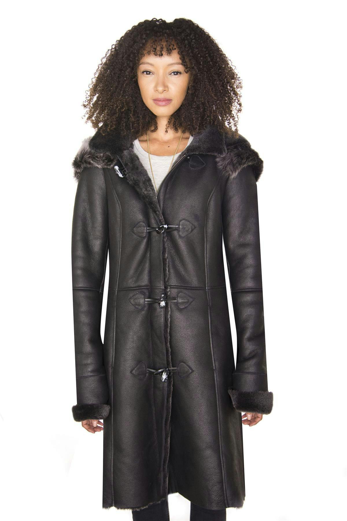 Infinity Leather Women's Black Sheepskin Hooded Duffle Coat-Redhill - 2XL