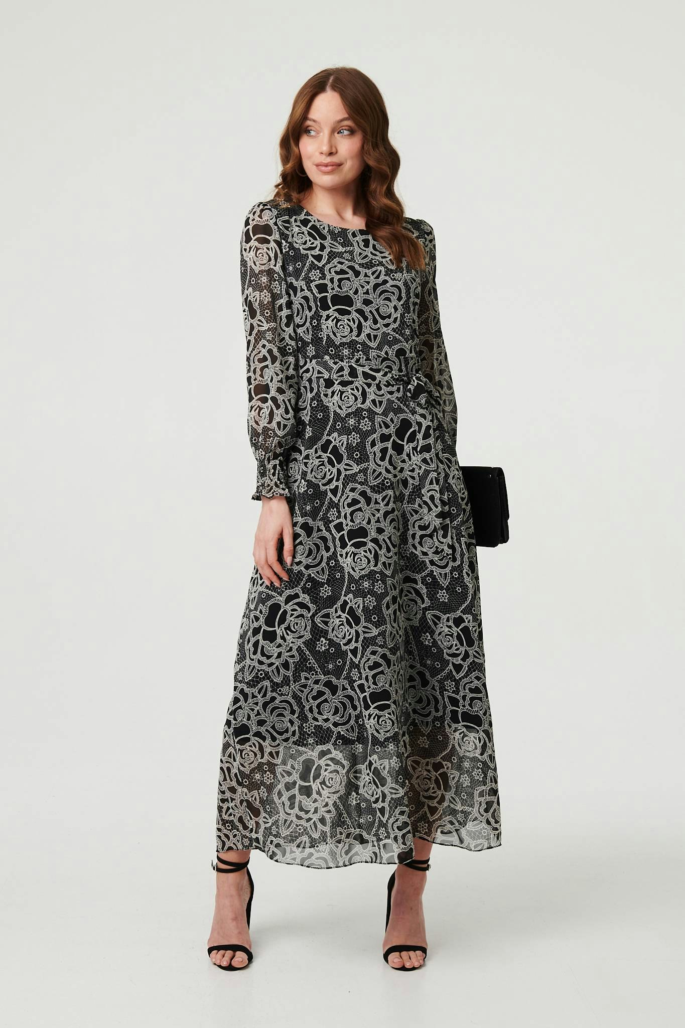 Izabel London Black Printed Semi Sheer Layer Maxi Dress - 8
