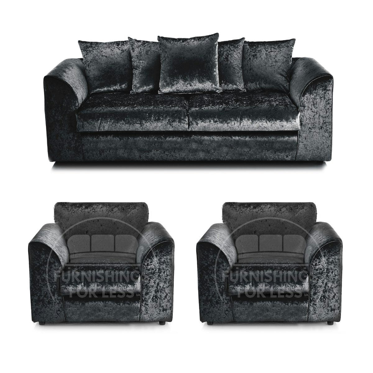 Furnishings For Less Black Crystal Crushed Velvet 3 Seater And 2 Armchairs Scatter Back