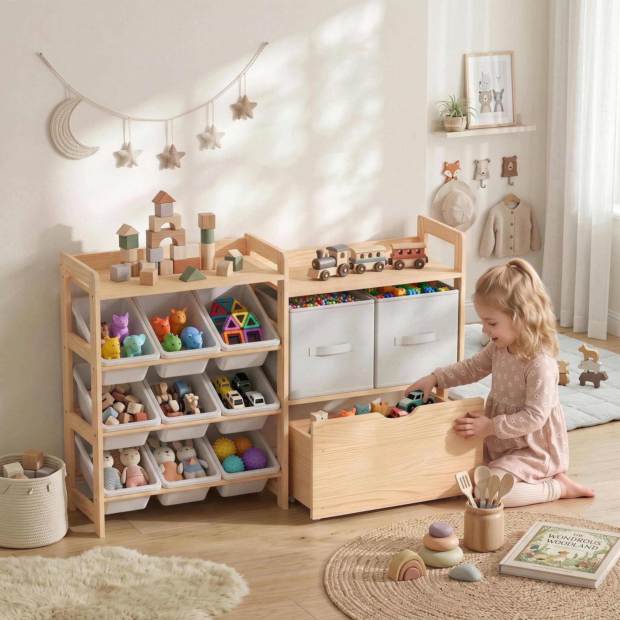 Rackhams White Wooden Toy Storage Unit With Rolling Toy Chest, 2 Fabric Drawers