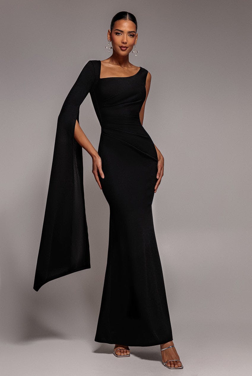 Goddiva Black One Shoulder Cape Sleeve Maxi Dress - By - 14