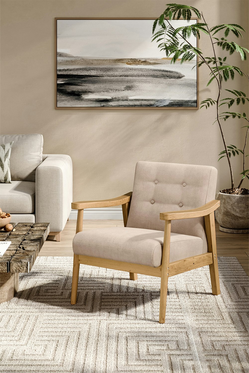 Rackhams Beige Terry Cloth Casual Upholstered Armchair With Rubberwood Wood Frame