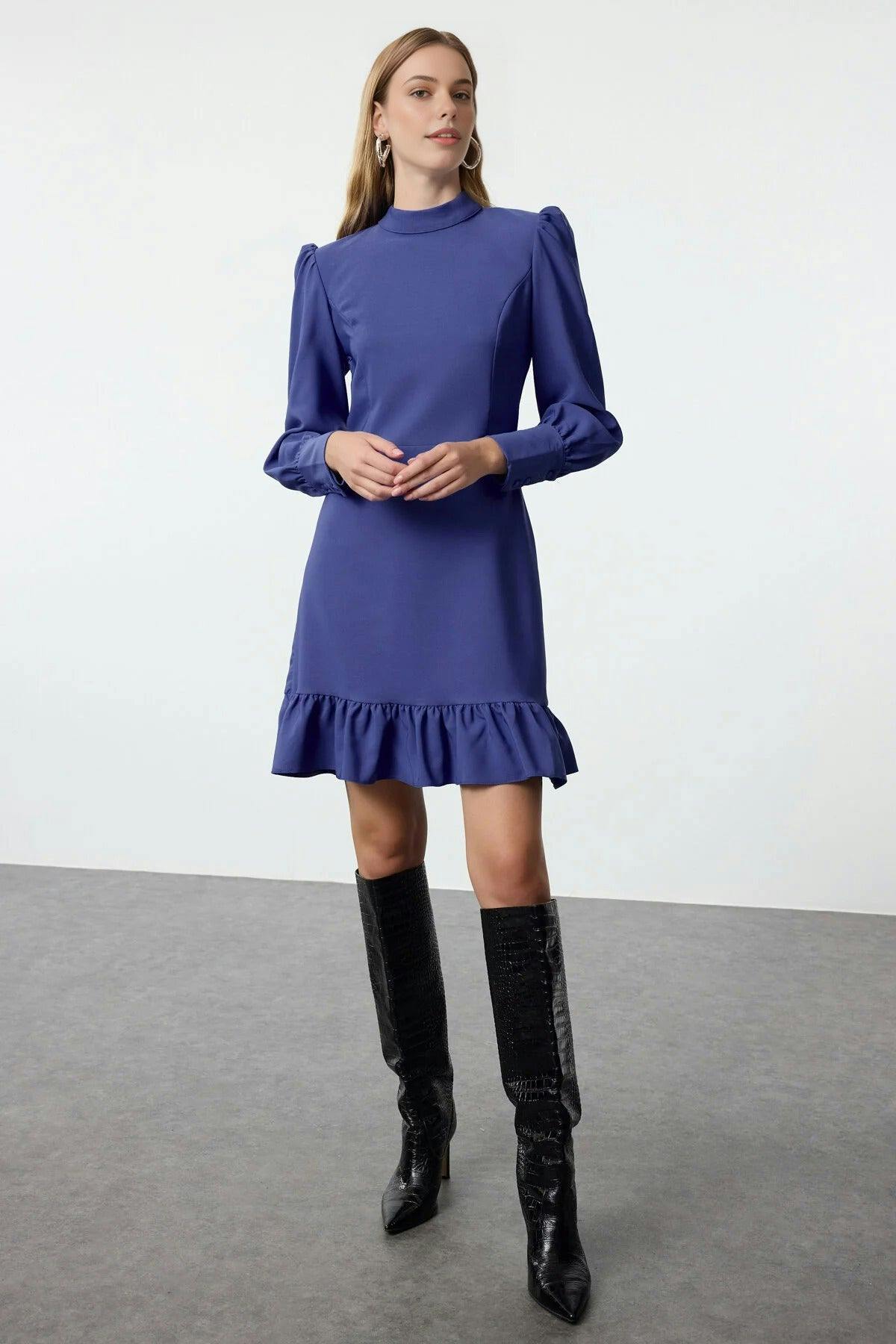 Wovcor Indigo A-Line Stand-Neck Mini Woven Dress With Gathered Skirt - 8