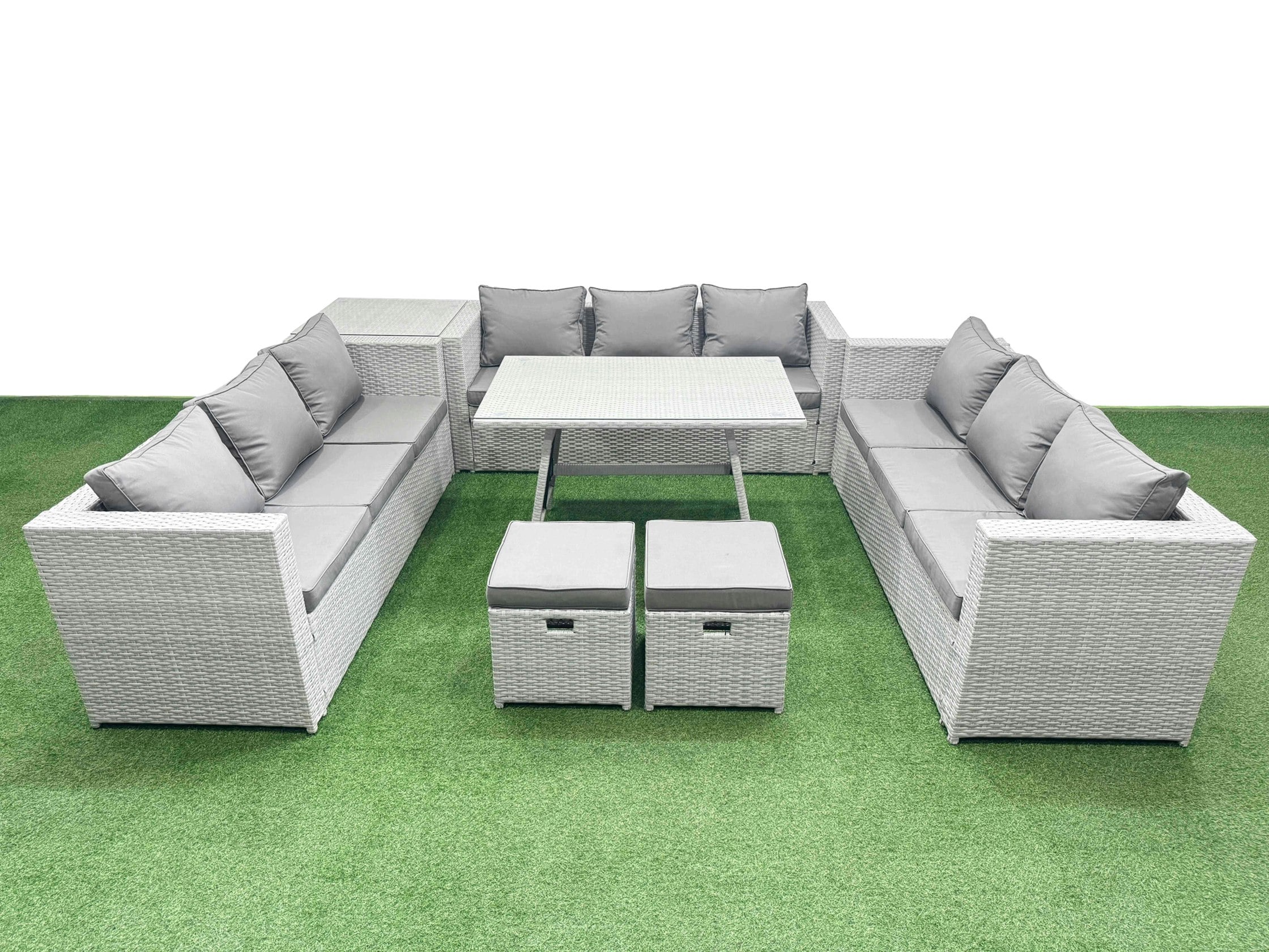 Rackhams Light/Grey 11 Seat Outdoor Patio Pe Rattan Garden Furniture With Cushions 3 Seater Sofa Side Table 2 Small Stools
