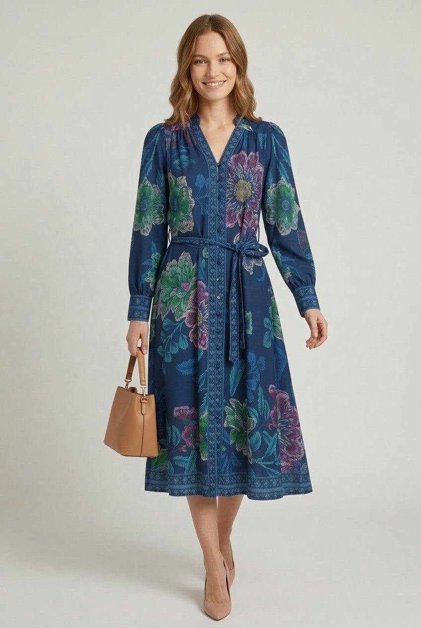 Izabel London Blue Floral A-Line Tie Waist Shirt Midi Dress - 18
