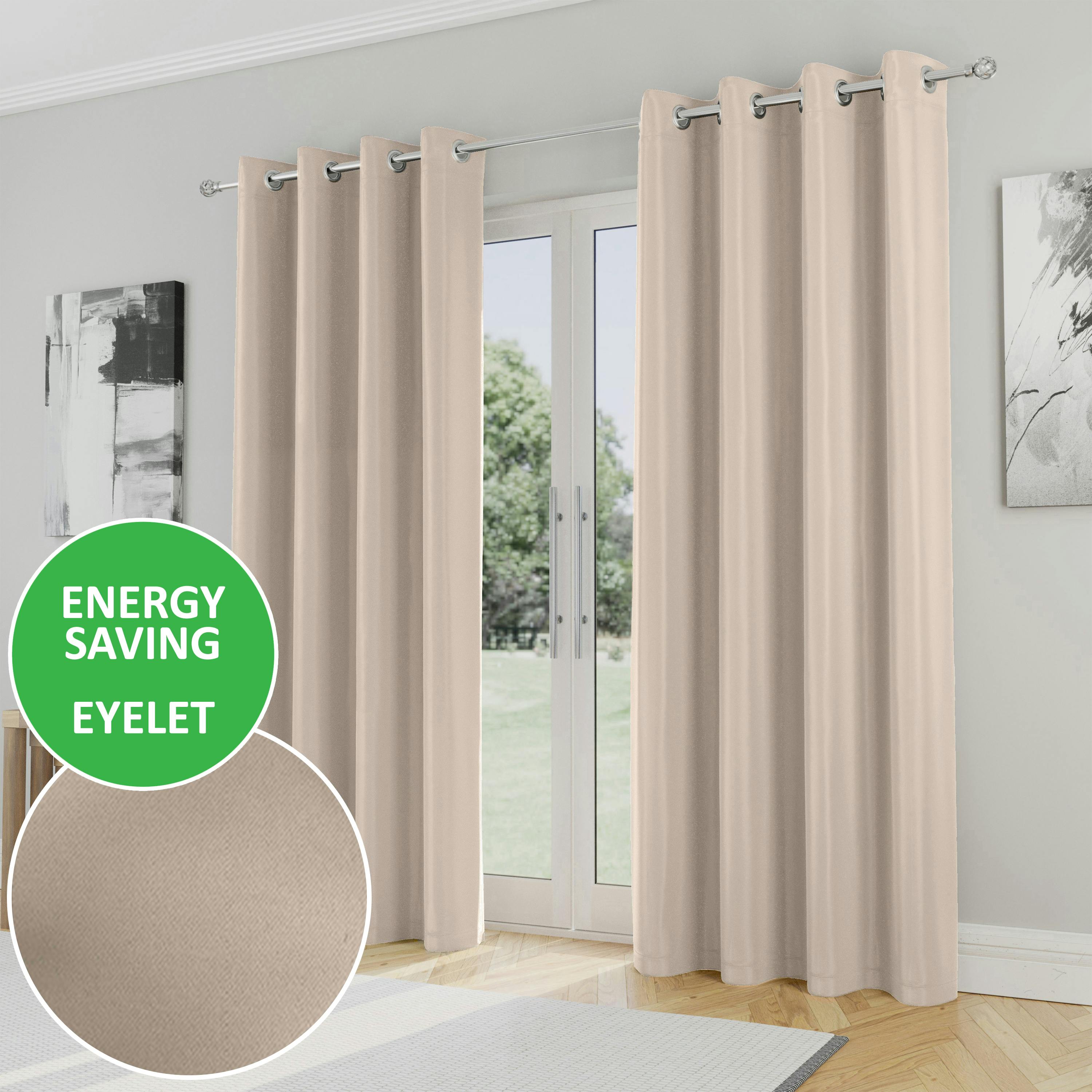 Rackhams Light Natural Plain Supersoft Thermal Room Darkening Eyelet Curtain - Pair For Living Room & Bedrooms - 66" (168Cm) Width X 72" (183Cm) Drop