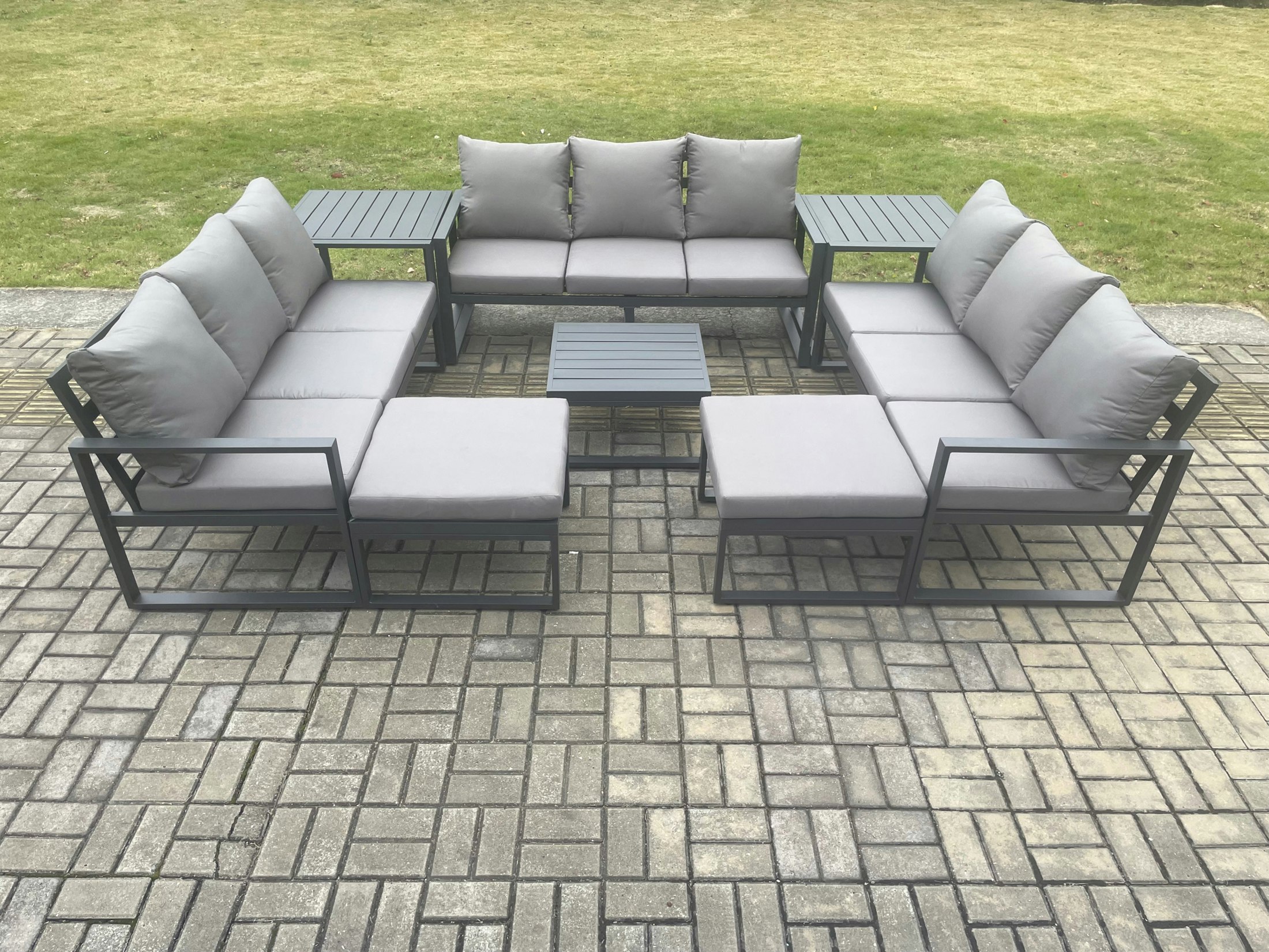 Rackhams Dark/Grey Aluminium Outdoor Garden Furniture Set Patio Lounge Sofa With Square Coffee Table 2 Side Tables 2 Big Footstools Conservatory Set