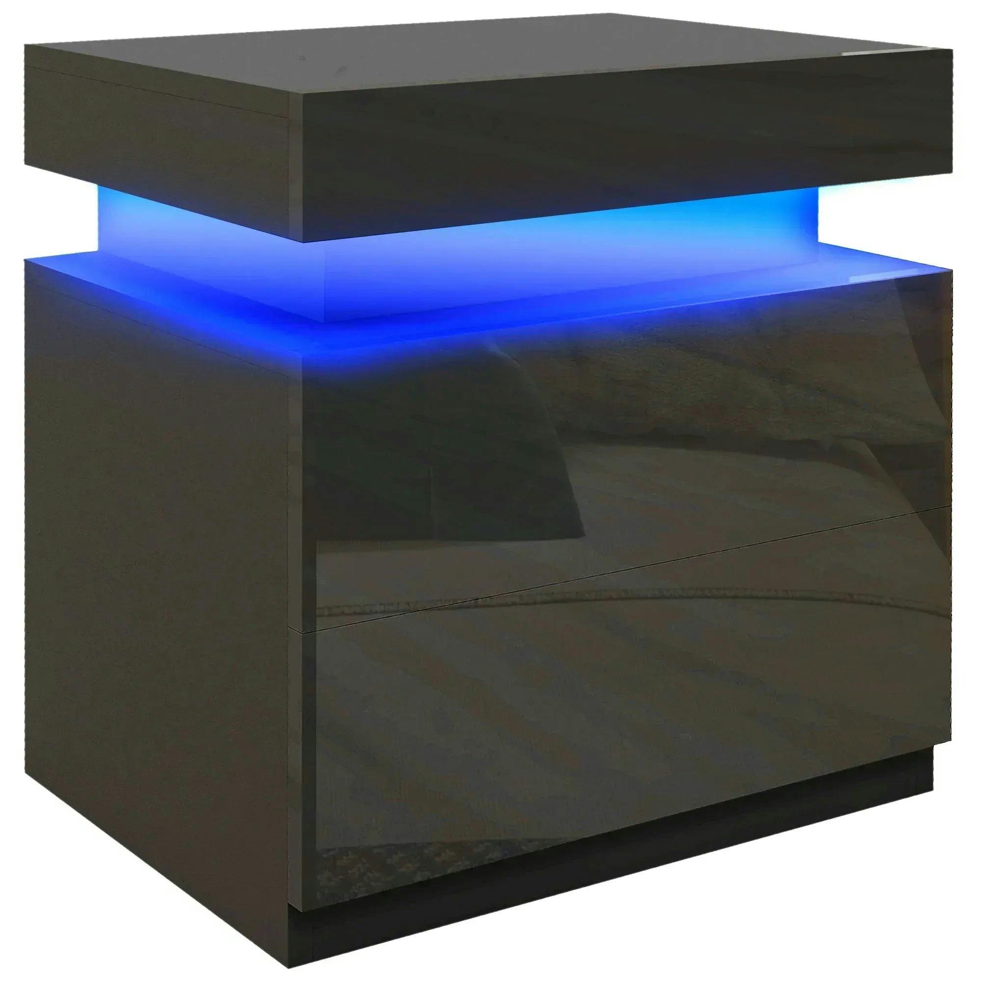 Bobobiy Black/Light Bedside Table With Led High Gloss Front Nightstand With 2 Drawers, For Living Room, Bedroom