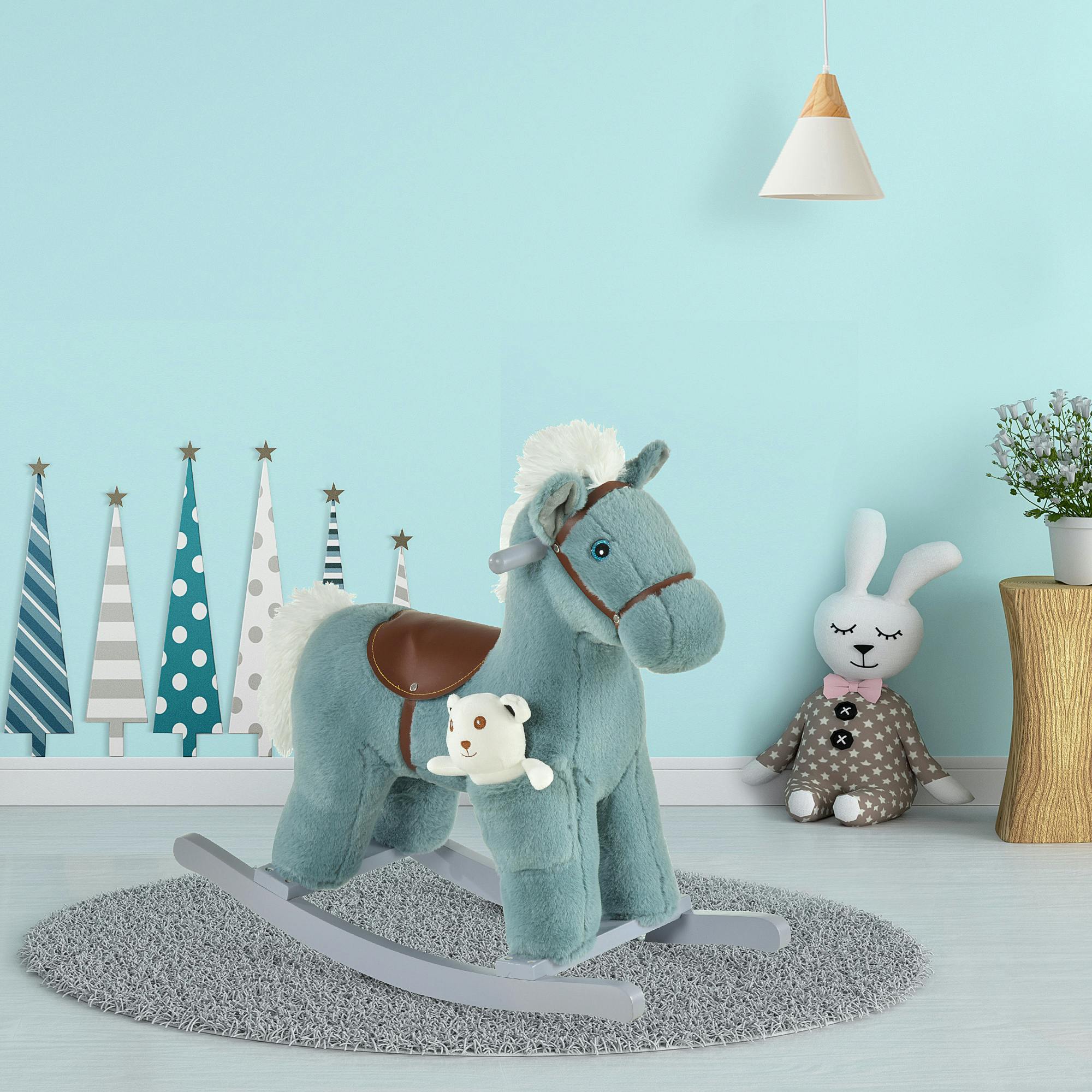 Homcom Blue Kids Plush Ride-On Rocking Horse With Plush Toy Sound Handle Grip