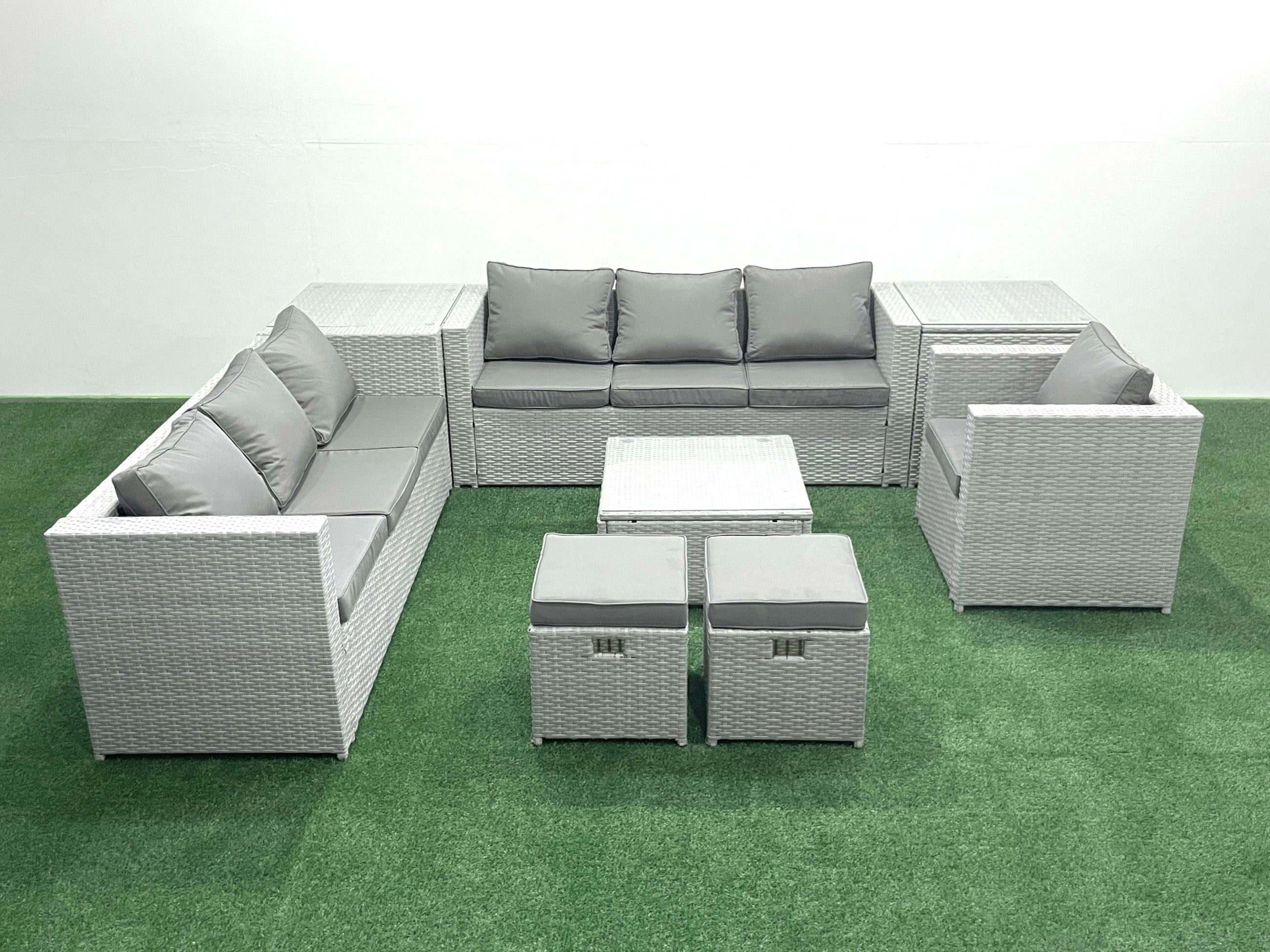 Rackhams Light/Grey Wicker Pe Rattan Sofa Garden Furniture Set With Armchair Square Coffee Table 2 Small Footstools 2 Side Tables Mixed
