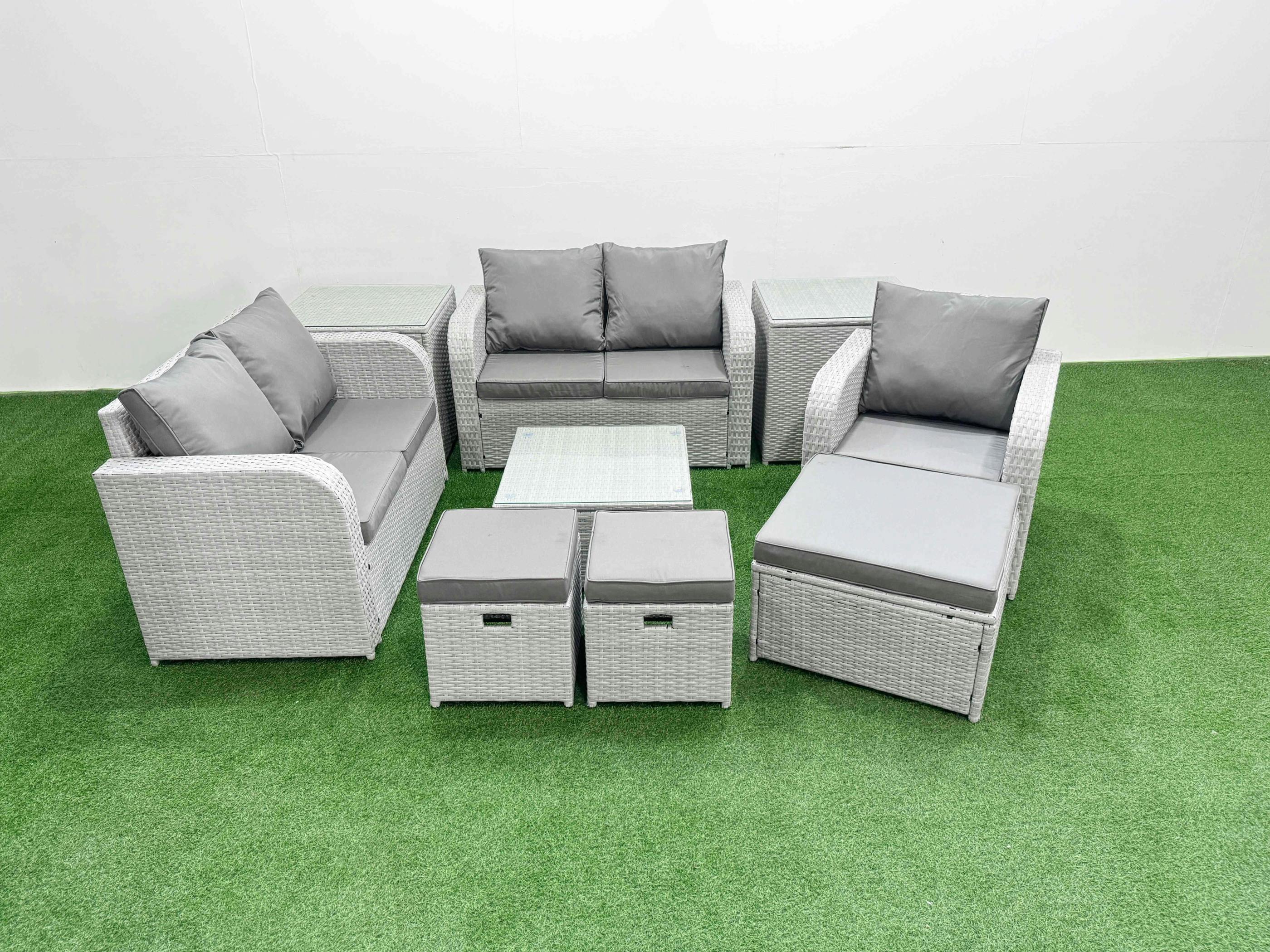 Photos - Garden Furniture Fimous Rackhams 3 Stools Rattan Set, High Back Poly Rattan, Reclining Loveseat Sofa, Square Coffee Table and 2 Side Tables, Light G