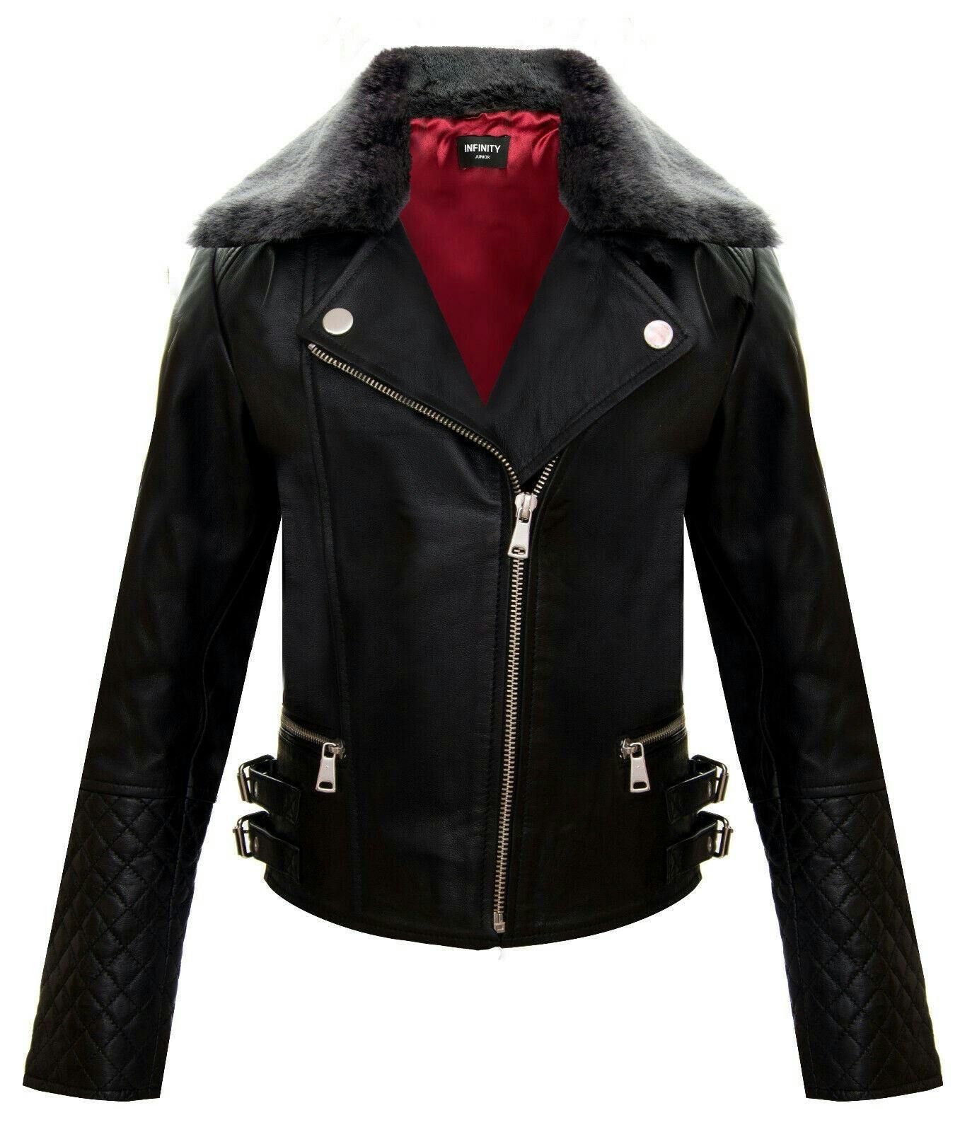 Infinity Leather Girls Black Kids Jackets 100% Leather Detachable Collar Biker Jackets (3-13 Years) - 3-4 Years
