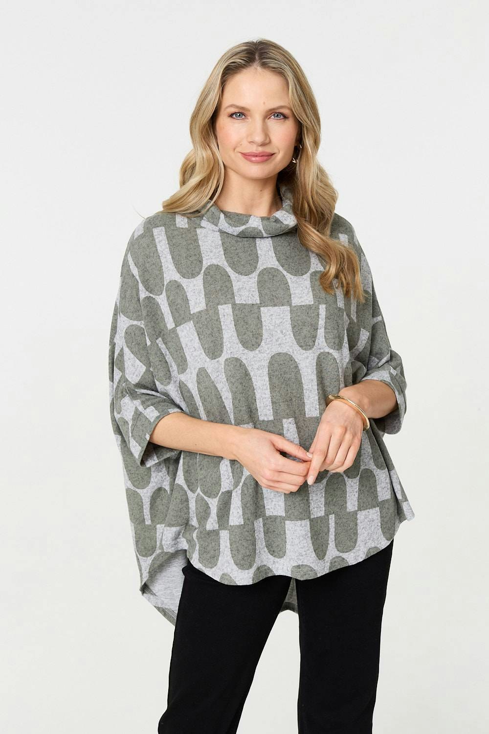 Izabel London Green Geo Print Roll Neck Oversized Top - 10