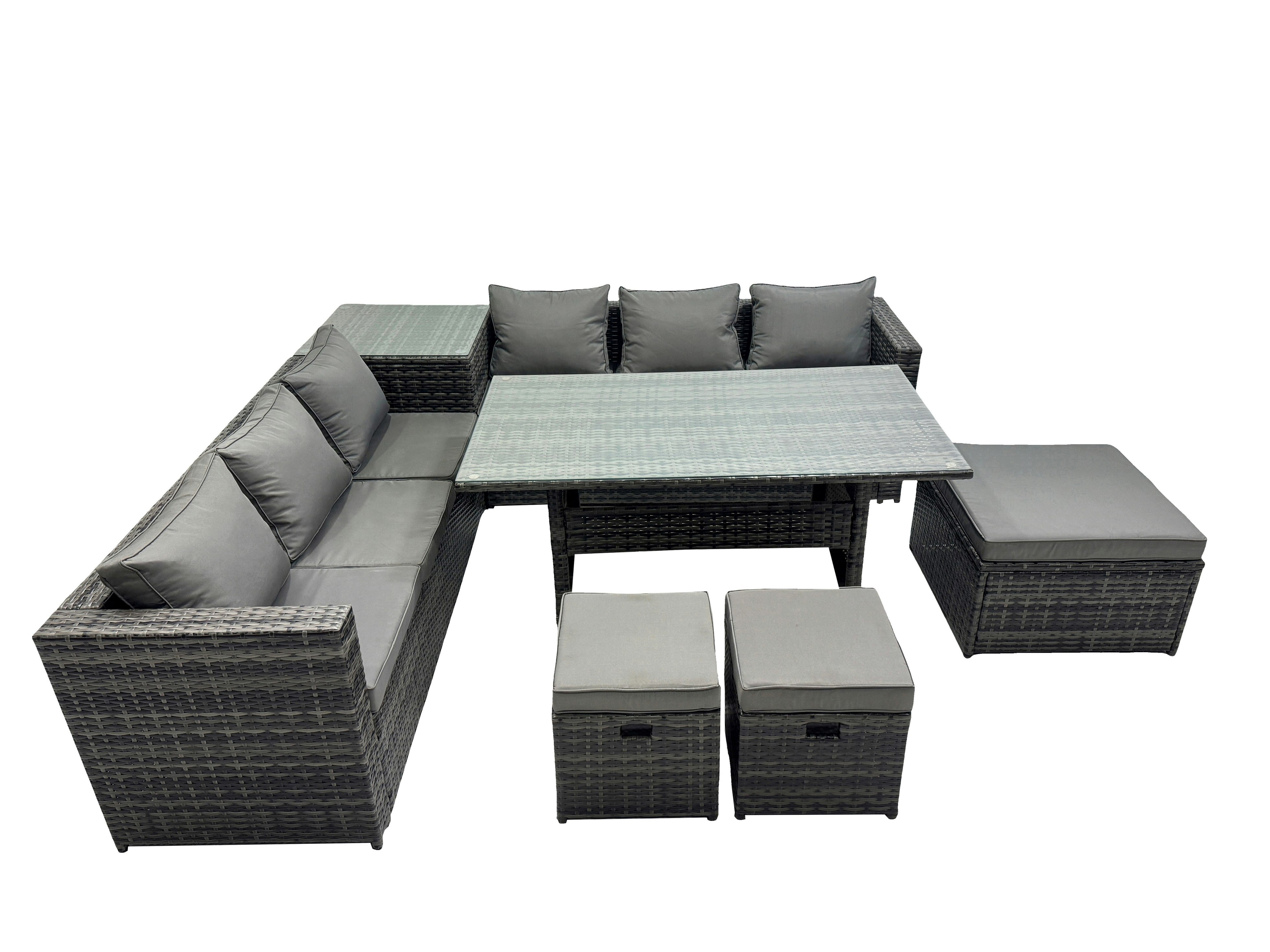 Fimous Dark/Grey 9 Seater Outdoor Corner Sofa Dining Table Set Garden Rattan Furniture Set With Side Table 3 Stools