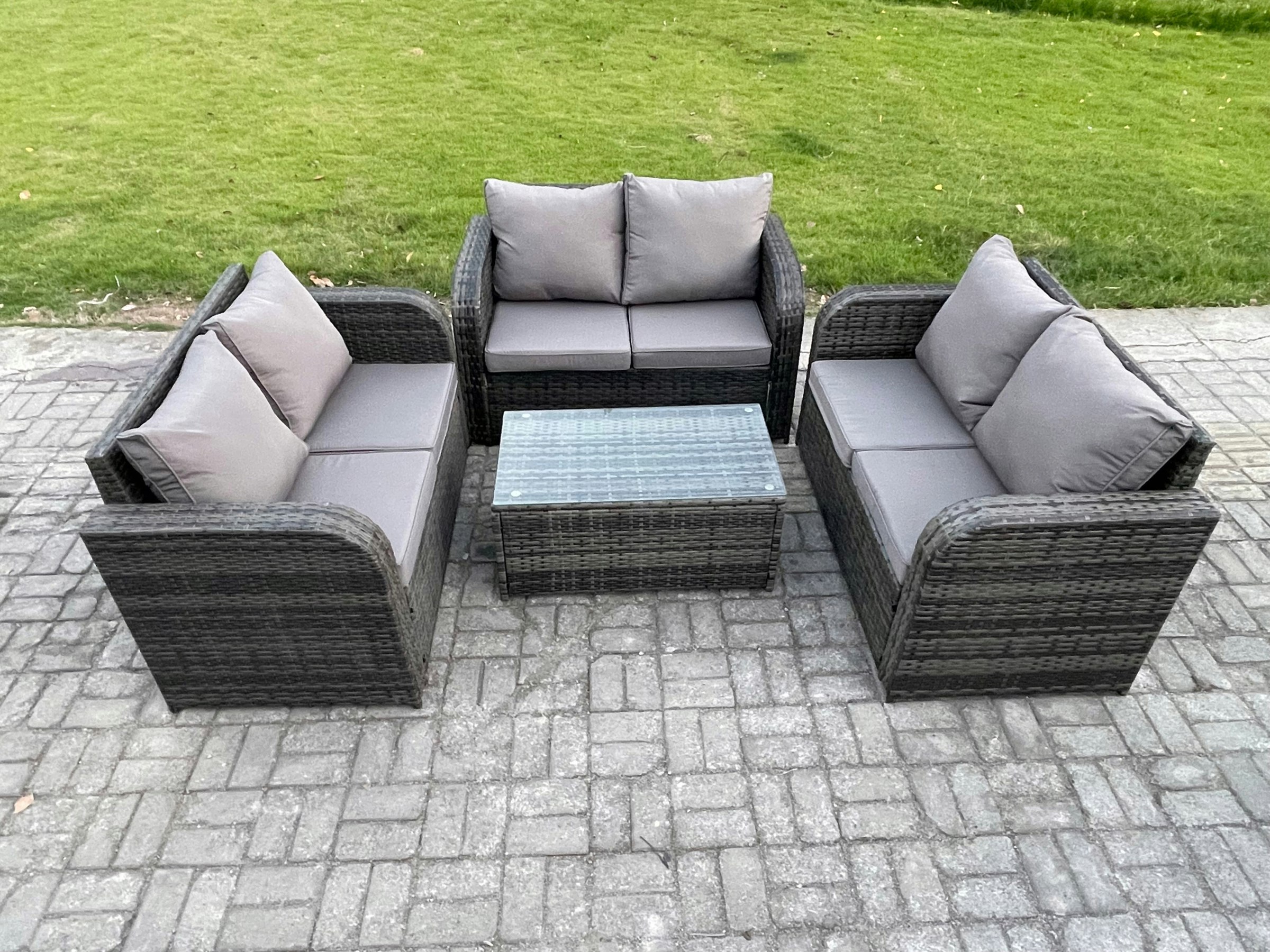 Rackhams Dark/Grey Outdoor Garden Furniture Sets 6 Seater Wicker Rattan Furniture Sofa Sets With Rectangular Coffee Table Love Sofa Mixed