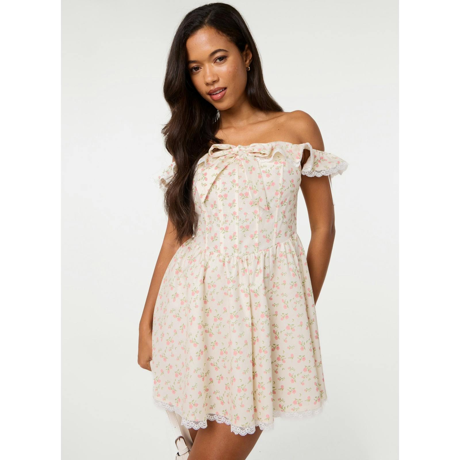 Pink Vanilla Pink/Cream Vanilla Ditsy Off The Shoulder Mini Dress - Uk 8