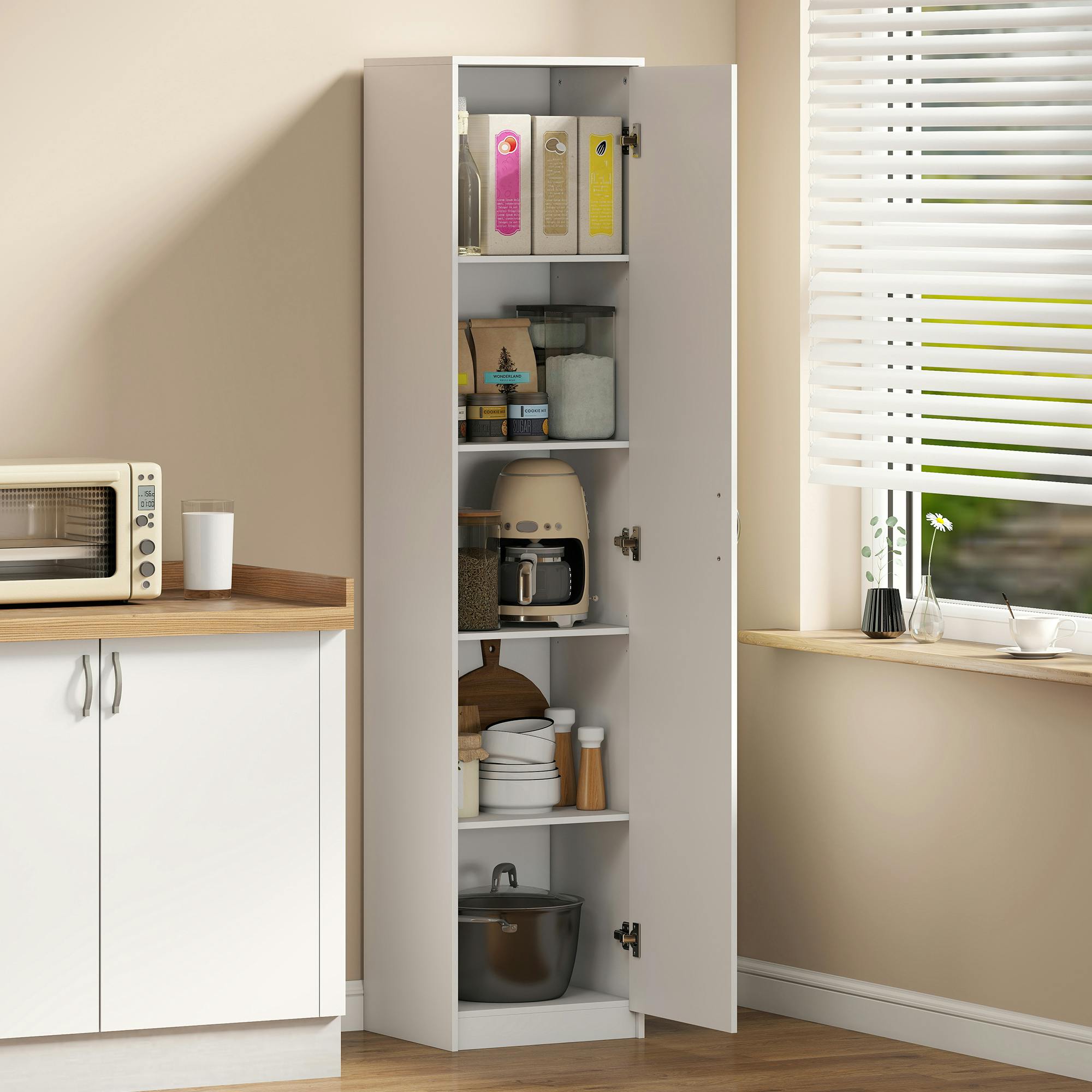 Rackhams White 5-Tier Pantry Storage Cabinet With Adjustable Shelves For Dining Room