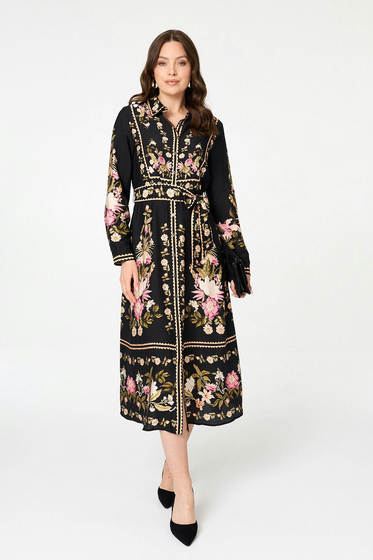 Izabel London Black Floral Tie Front Long Sleeve Midi Dress - 8