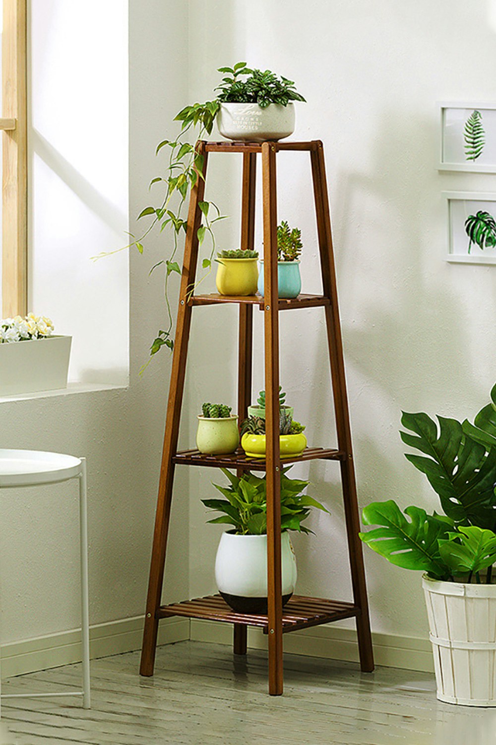 Rackhams Brown 4 Tier Vintage Indoor Plant Stand Solid Wood Display Shelf