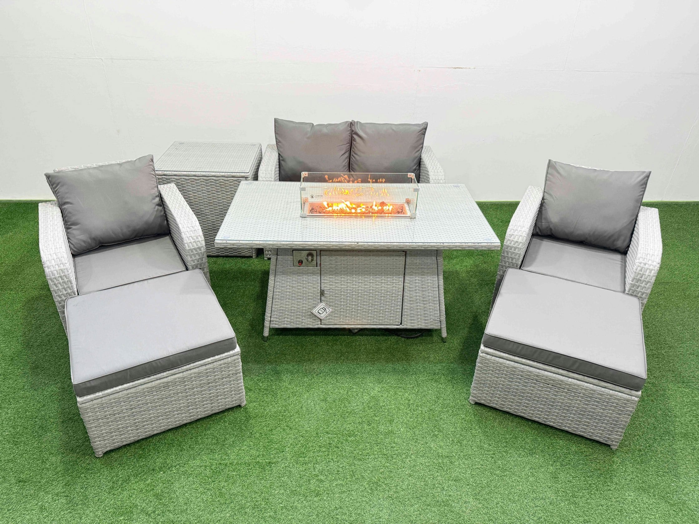 Fimous Light/Grey Pe Wicker Rattan Garden Furniture Set Sofa Set Reclining Chair Fire Pit Dining Table 6 Seater 2 Big Stools Side Table