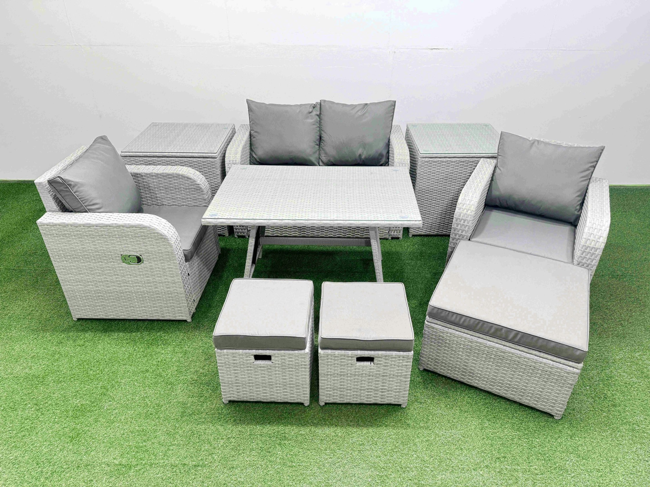 Rackhams Light/Grey Pe Wicker Rattan Garden Furniture Set Sofa Set Reclining Chair Love Sofa Rectangular Dining Table 3 Stools 2 Side Tables
