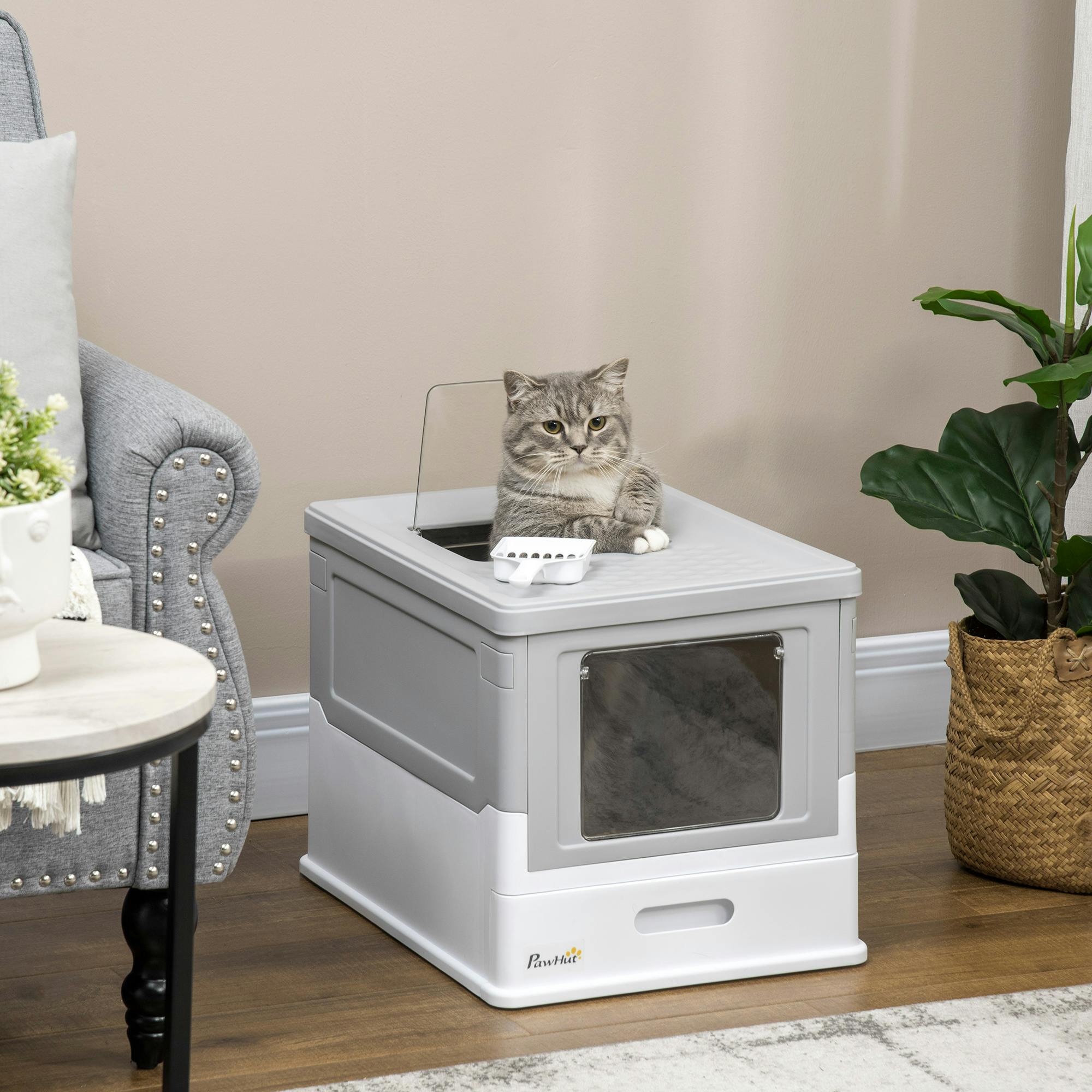 Hooded Cat Litter Box, Portable Pet Toilet, Scoop, Tray, Grey - Image 4