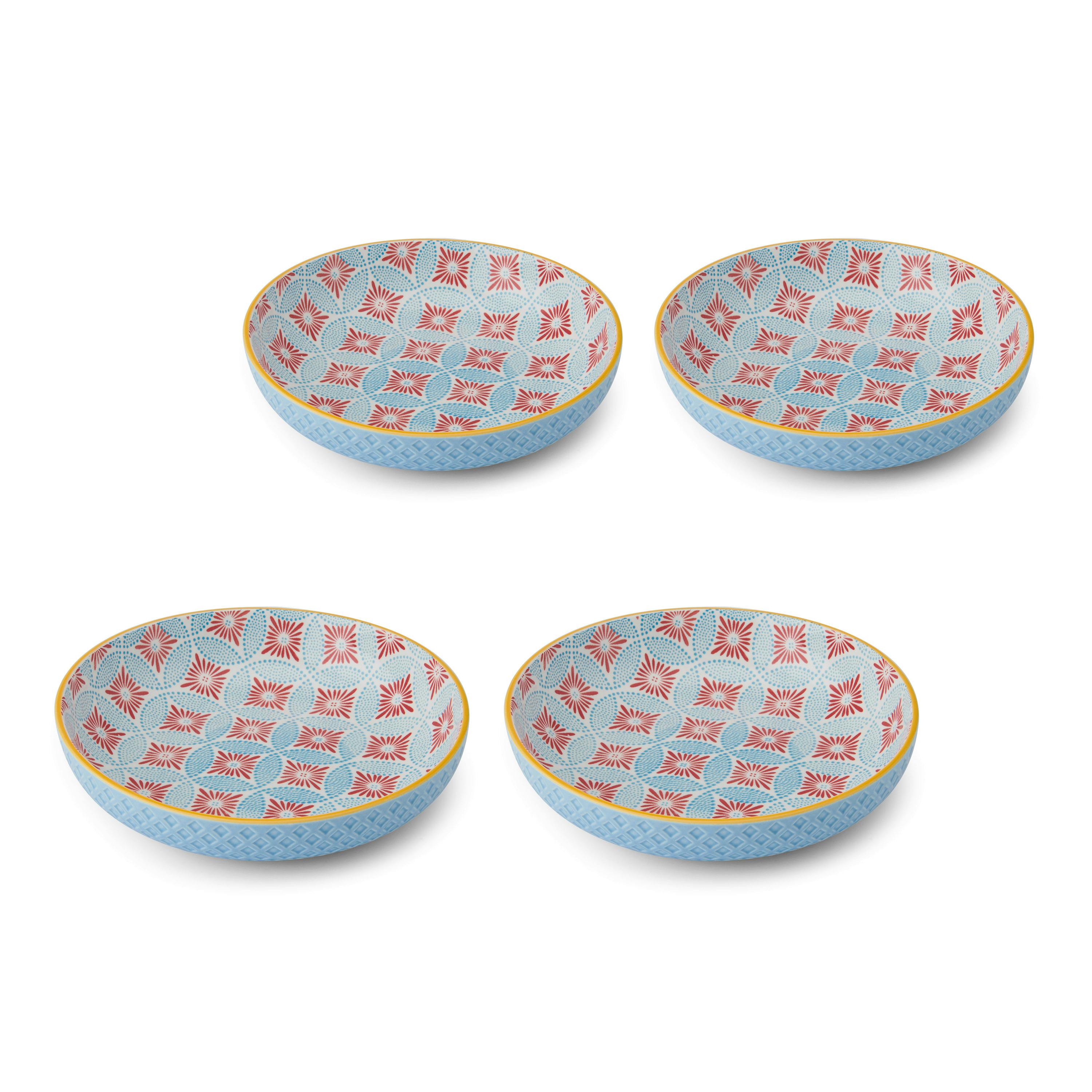 Rackhams Blue Mosaic Stoneware Bowl Set, Set Of 4 Coupe Bowls For Dining, 2-Toned Multi-Purpose Shallow Serving Dishes, 900Ml, 21 X 5Cm - Stoneware - Bowls