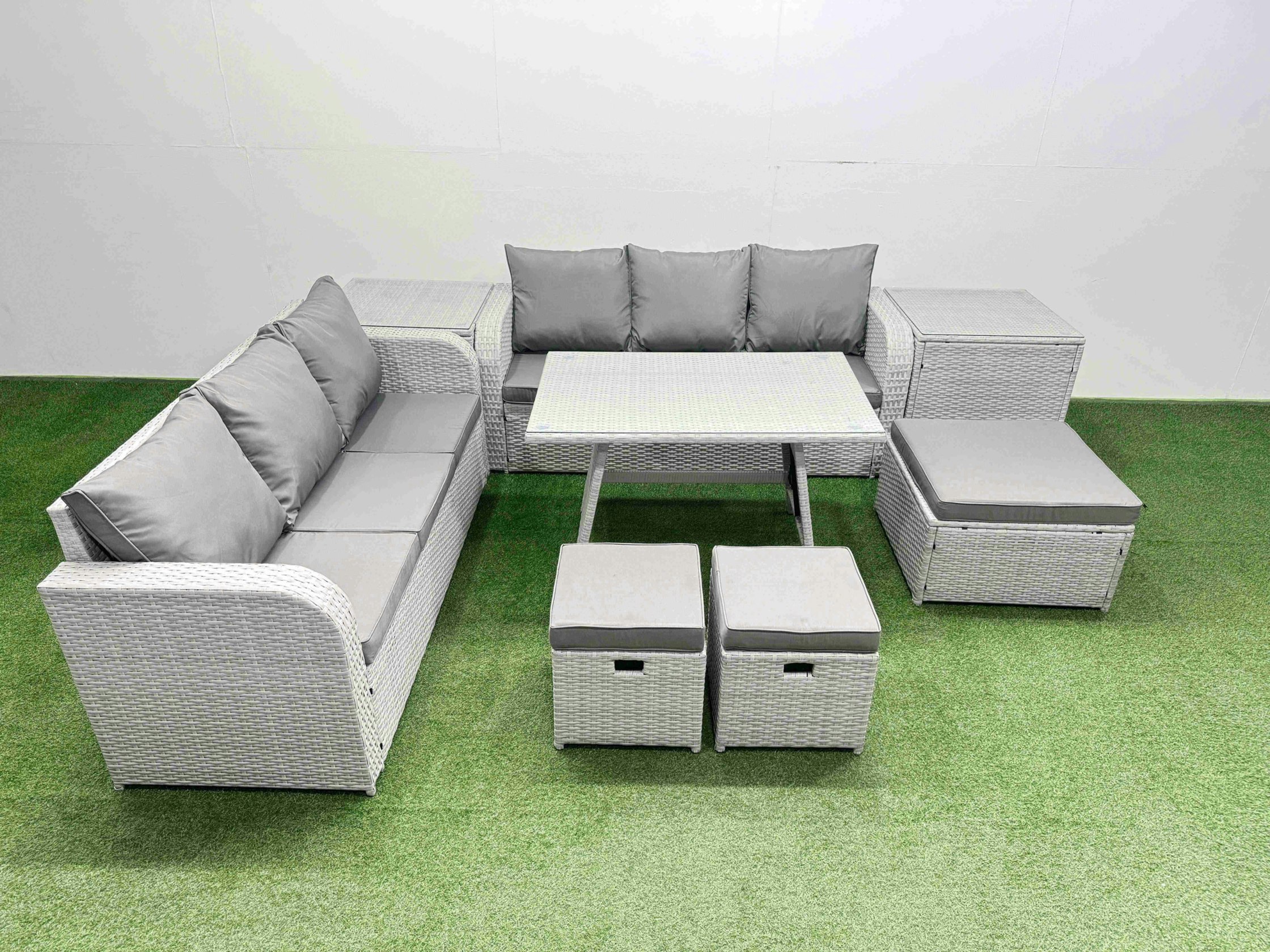 Rackhams Light/Grey Patio Dining Table & Chairs Set Rattan High Back Lounge Sofa Set With 3 Seater Sofa 2 Side Tables 3 Stool
