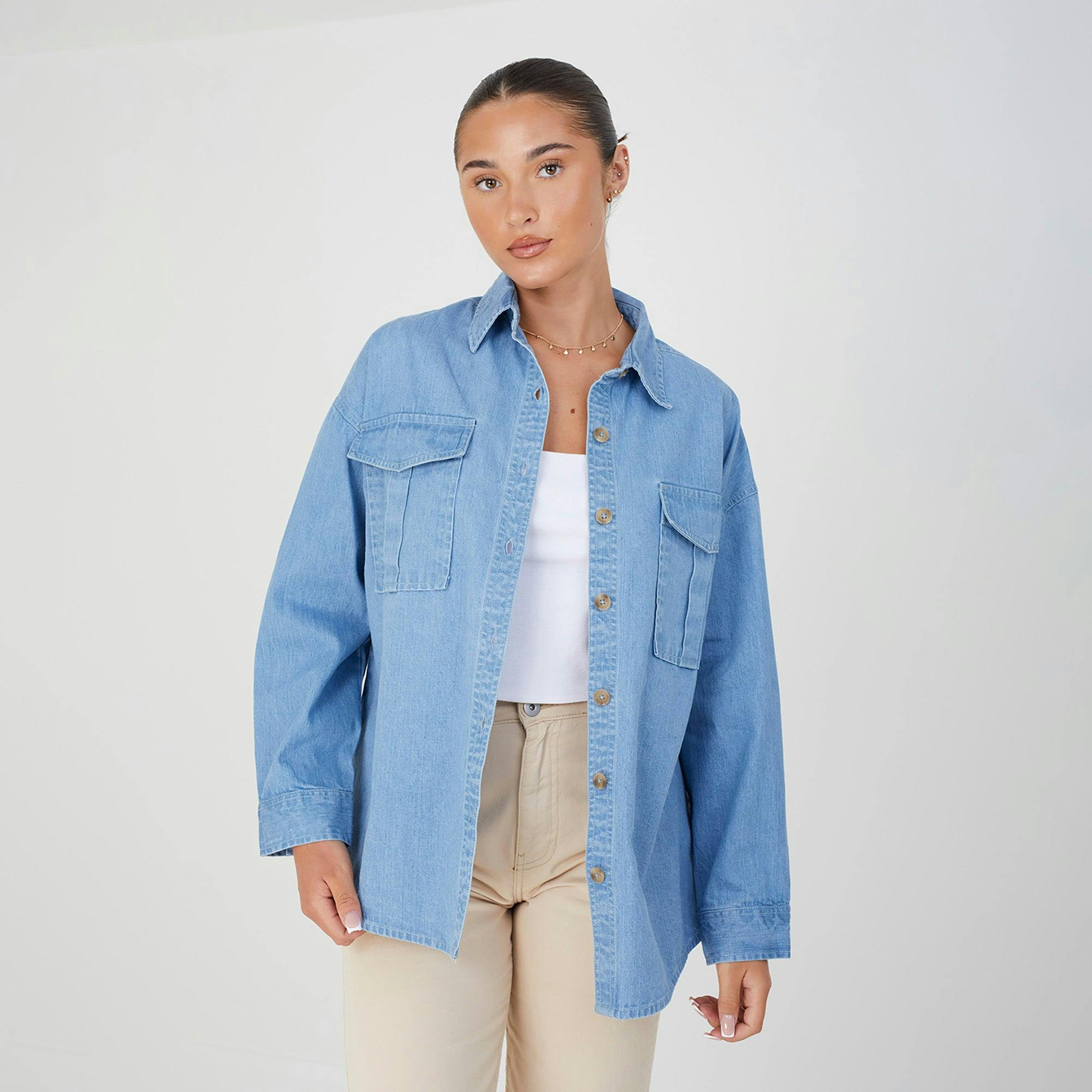 Brave Soul Blue Long Sleeve Chambray Shirt - Xs