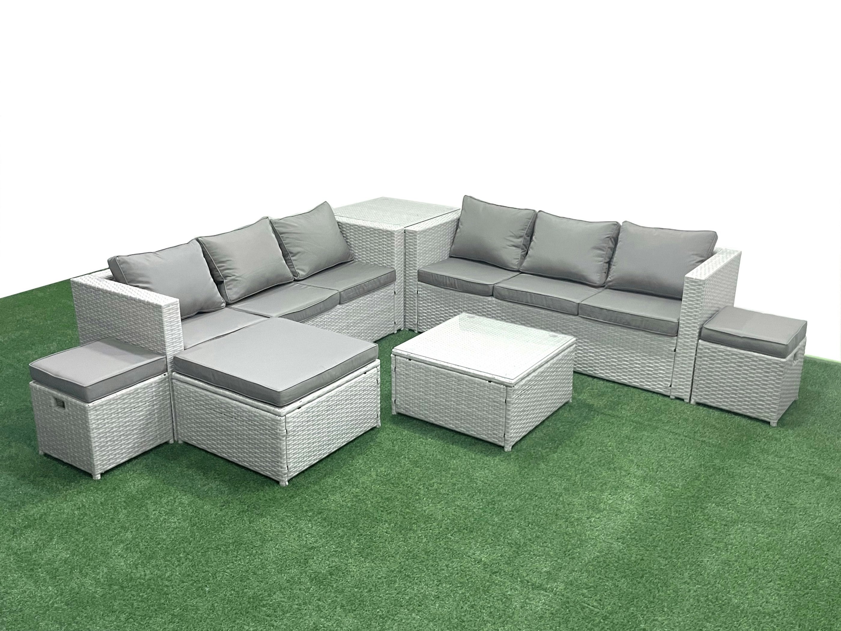 Rackhams Light/Grey Rattan Garden Outdoor Furniture Set 9 Seater Rattan Garden Sofa Set With 3 Footstools Side Table Mixed