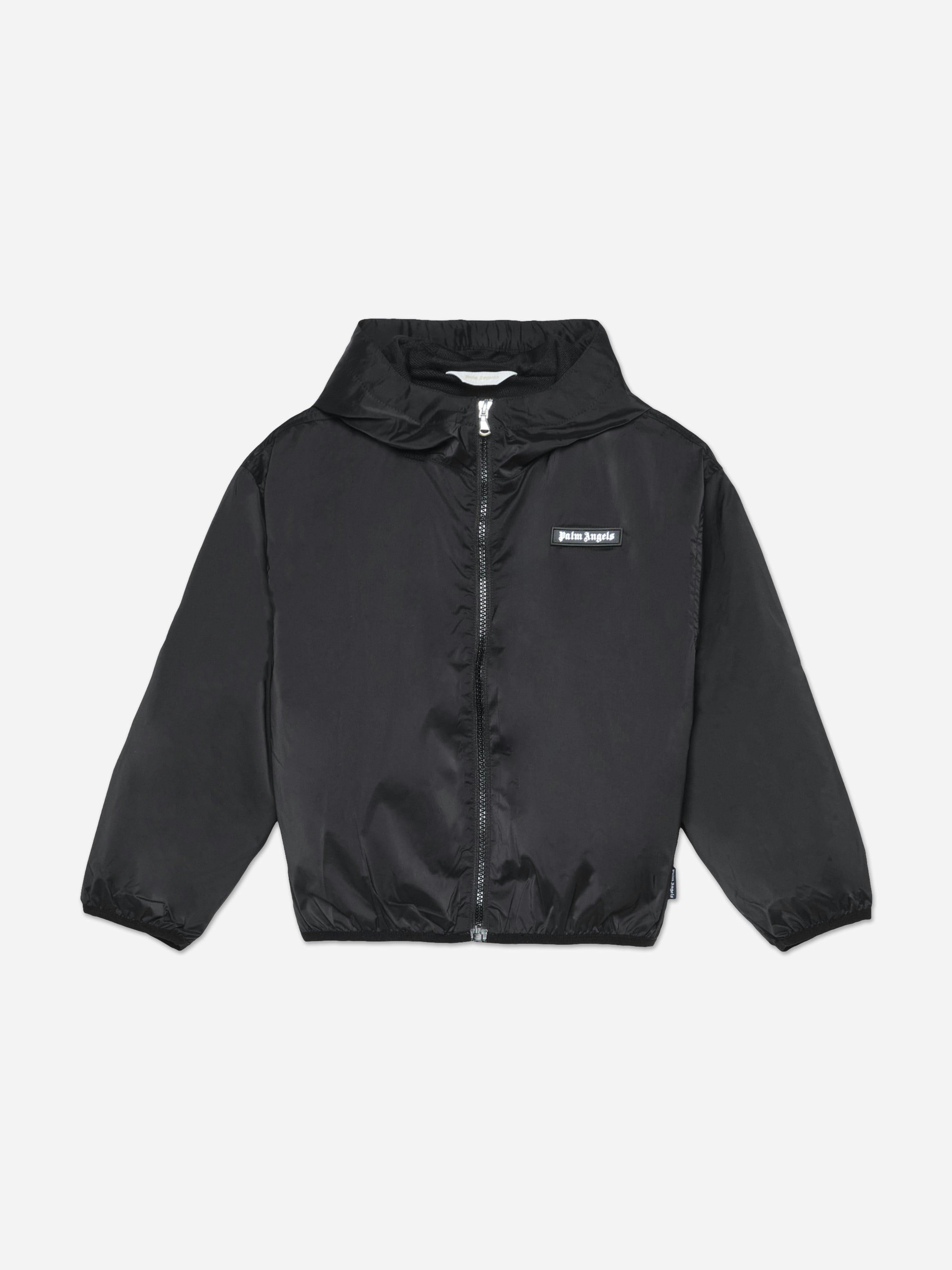 Palm Angels Boys Black Curved Logo Hooded Windbreaker In - 6 Yrs