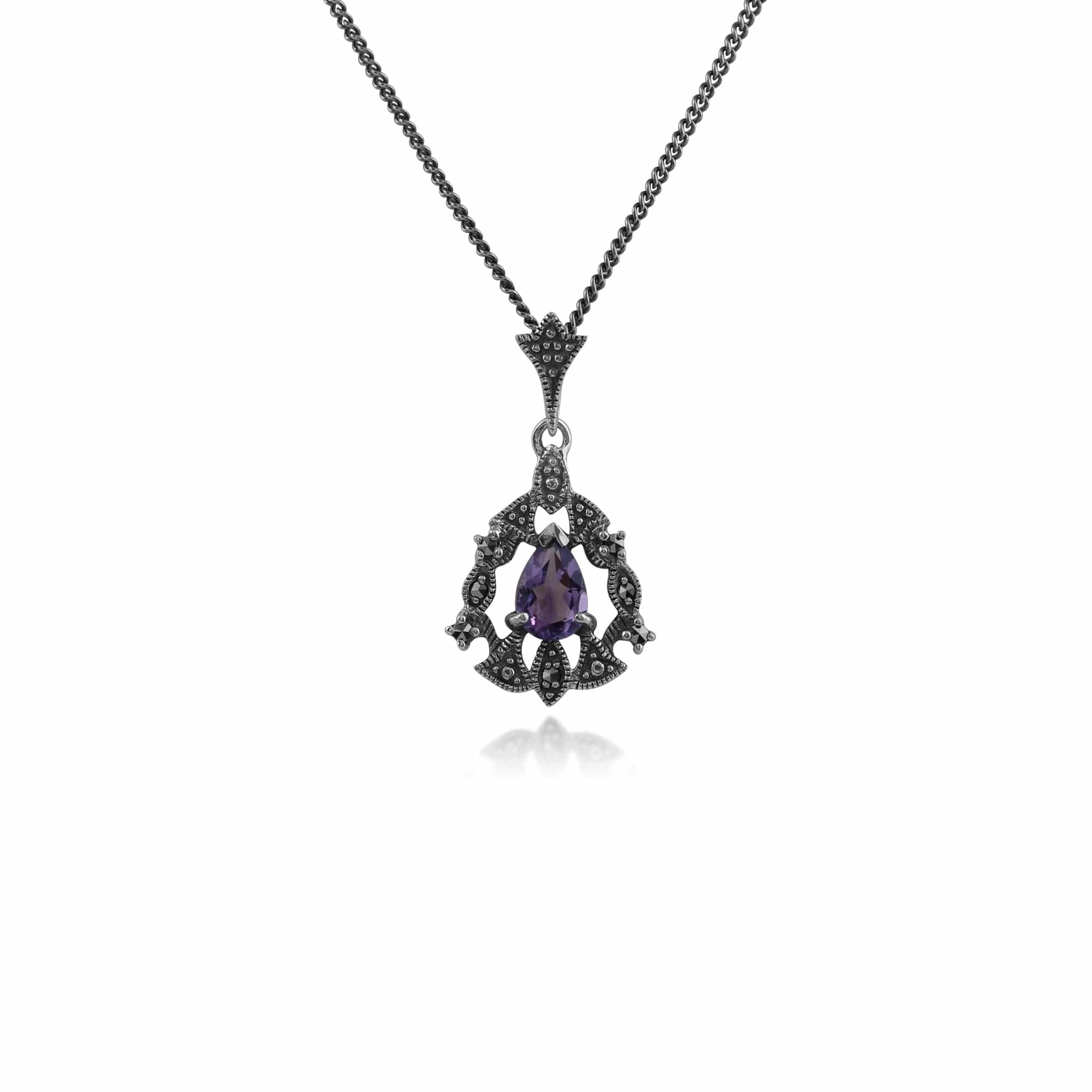 Gemondo Silver Art Nouveau Style Pear Amethyst & Marcasite Garland Necklace In 925 Sterling
