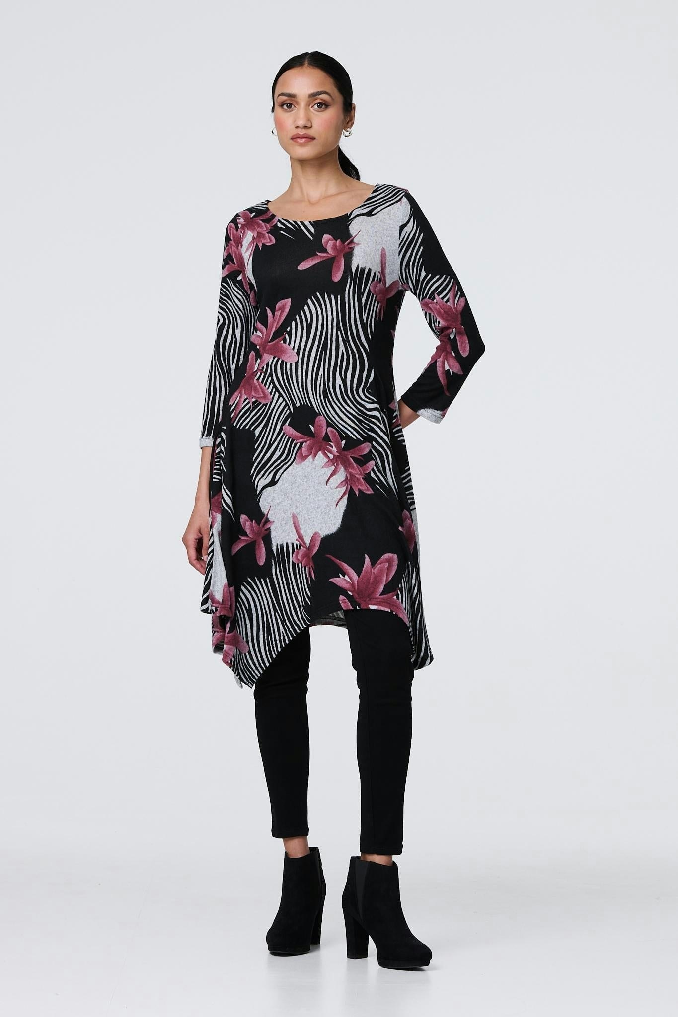 Izabel London Black Floral Hanky Hem Tunic Dress - 8