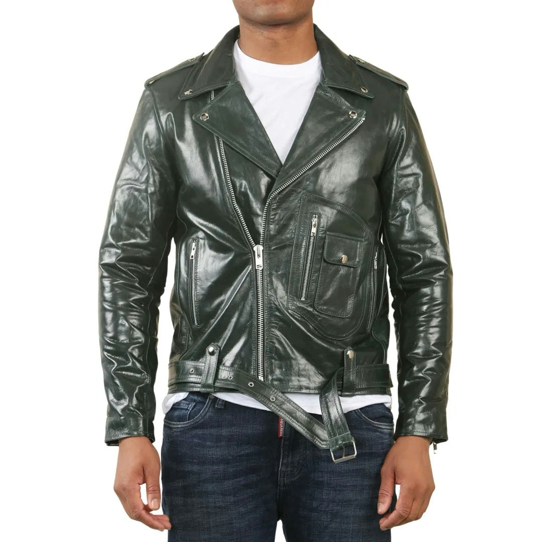 Infinity Leather Men's Green Cow Hide Biker Brando Cross Zip Leather Jacket - 2XL
