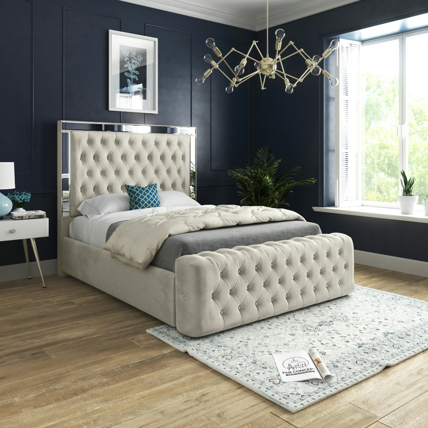 Rackhams Cream/Silver Marino Mirror Upholstered Soft Velvet Bed Frame - King
