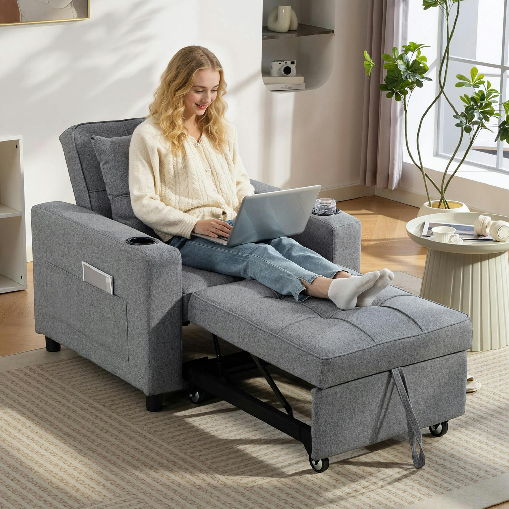 Rackhams Dark/Grey 3-In-1 Sofa Bed, Convertible Sleeper Chair With Adjustable Backrest - Plastic - Linen-Look Polyester