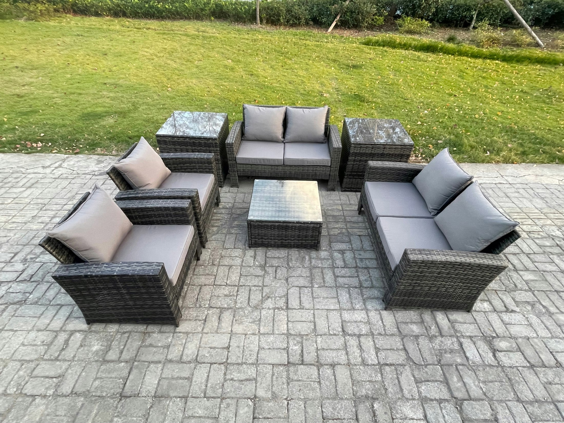 Rackhams Dark/Grey Rattan Garden Furniture Set Patio Outdoor Lounge Sofa Set With Square Coffee Table Double Seat Sofa 2 Side Tables Mixed