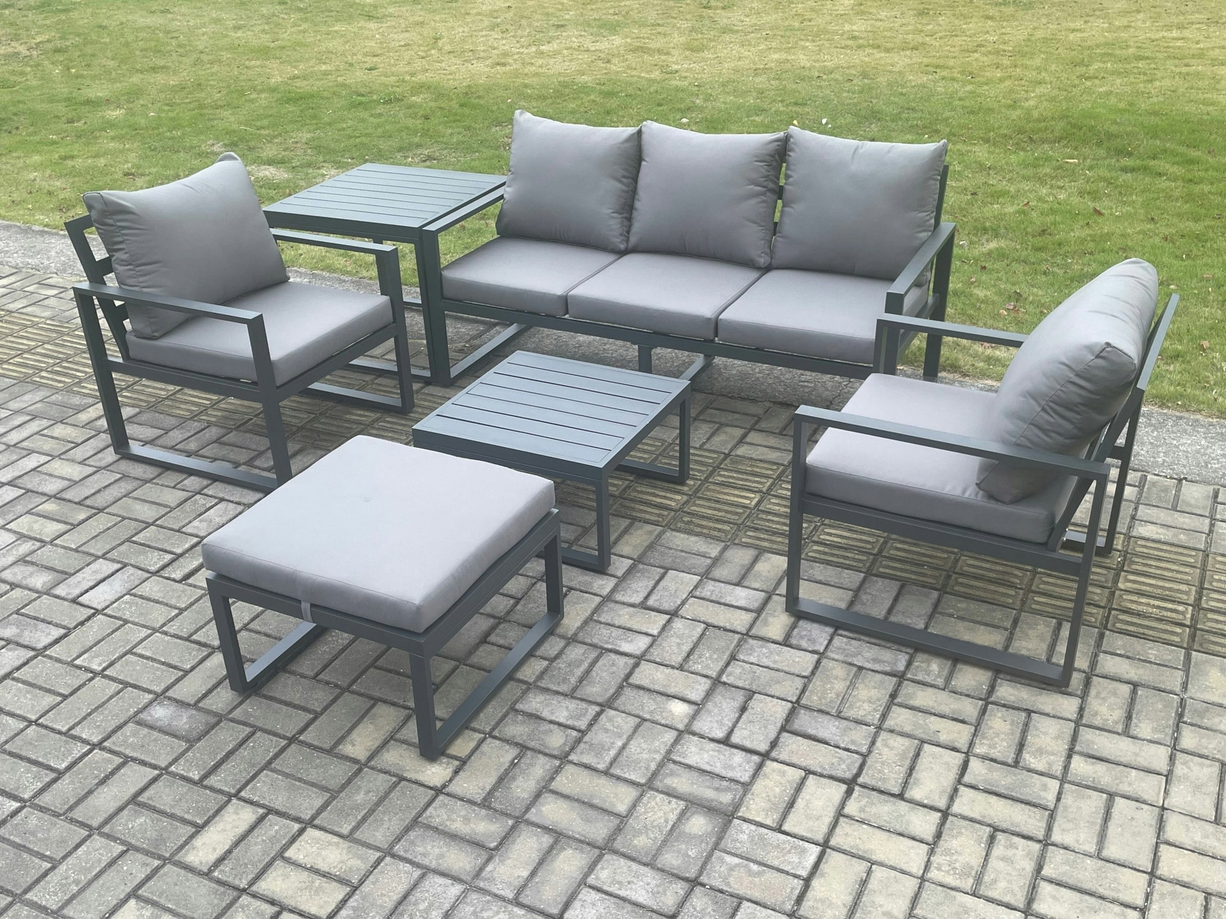 Fimous Dark/Grey Aluminium 6 Seater Outdoor Lounge Sofa Set Garden Furniture Sets With Square Coffee Table Chair Big Footstool Side Table
