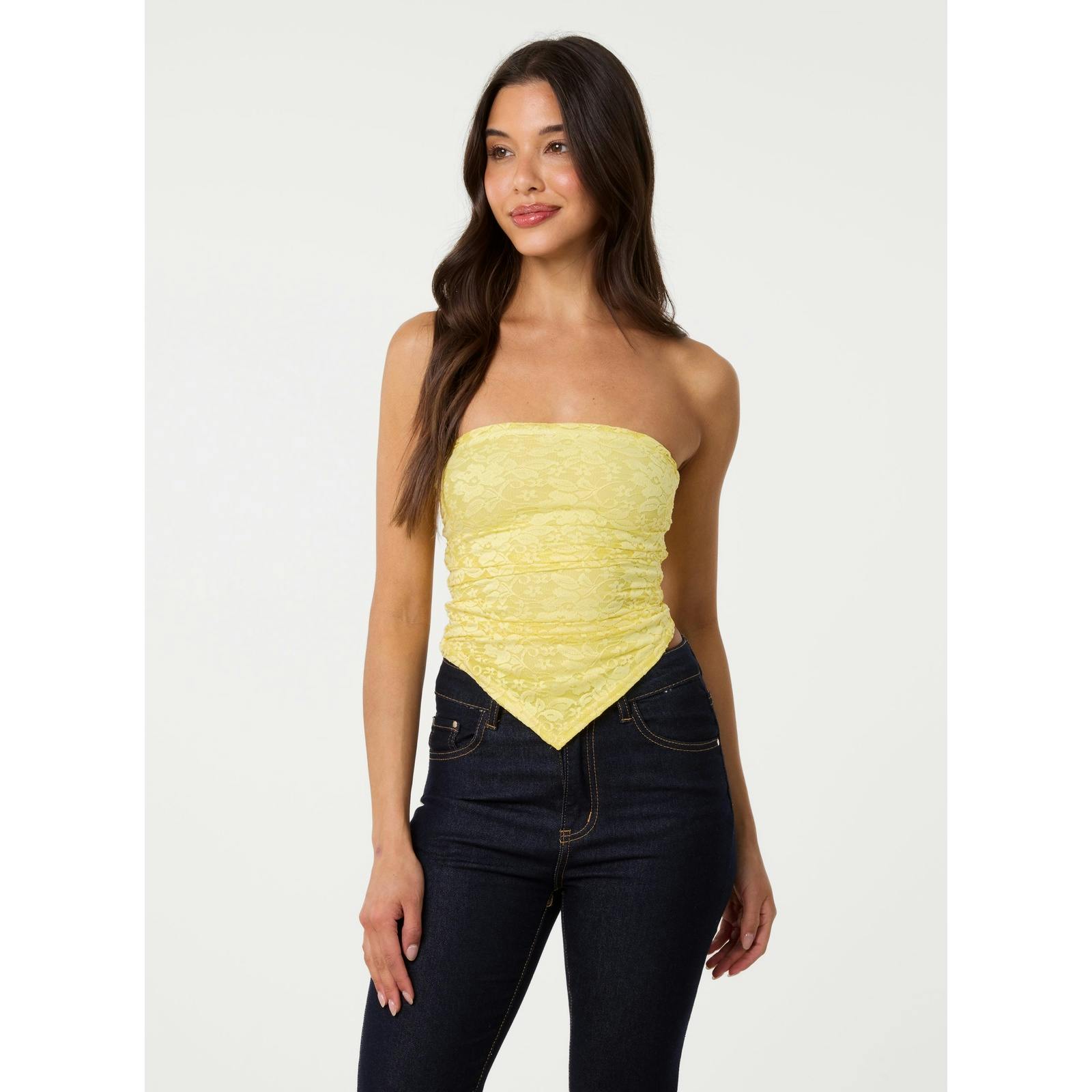 Pink Vanilla Pink/Light/Yellow Vanilla Bandeau Ruched Side Lace Top - M